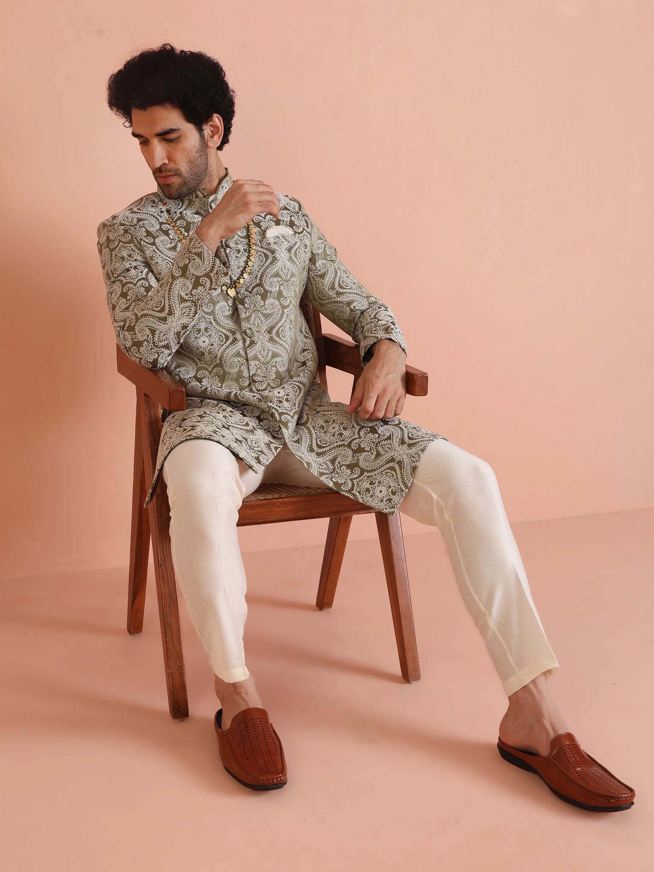 Light Green Textured Sherwani Trouser Set