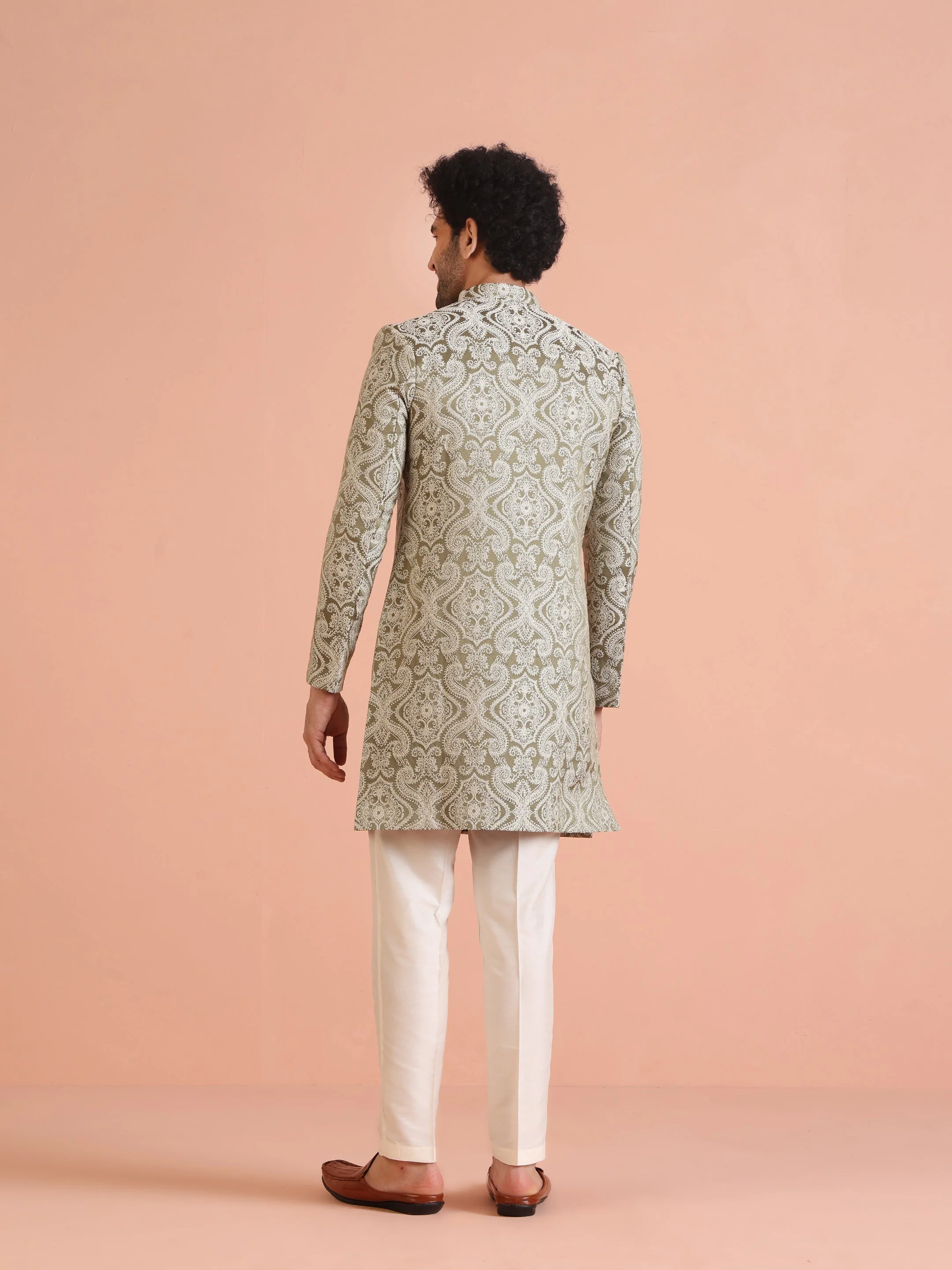 Light Green Textured Sherwani Trouser Set - Image 10