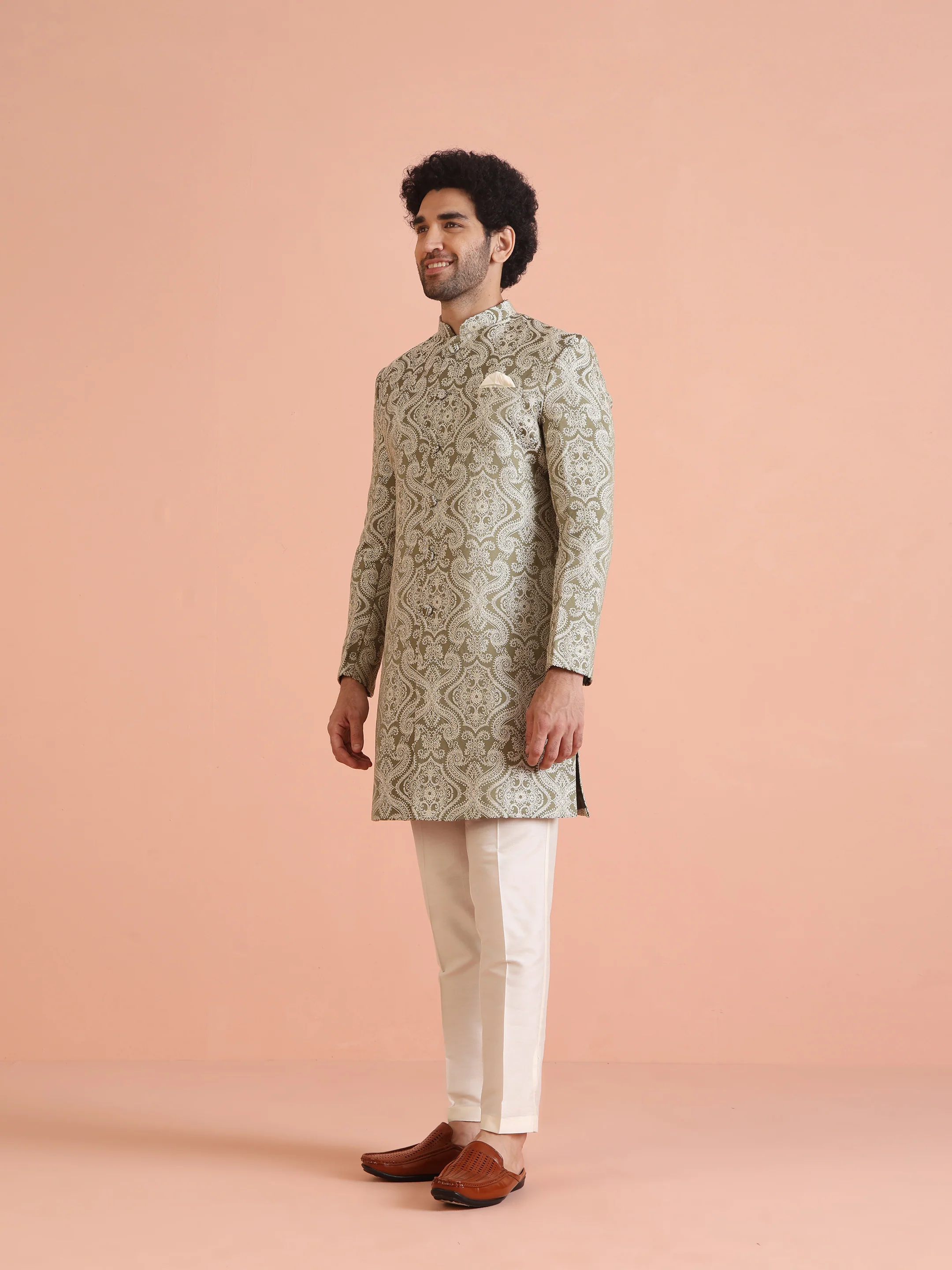 Light Green Textured Sherwani Trouser Set - Image 2
