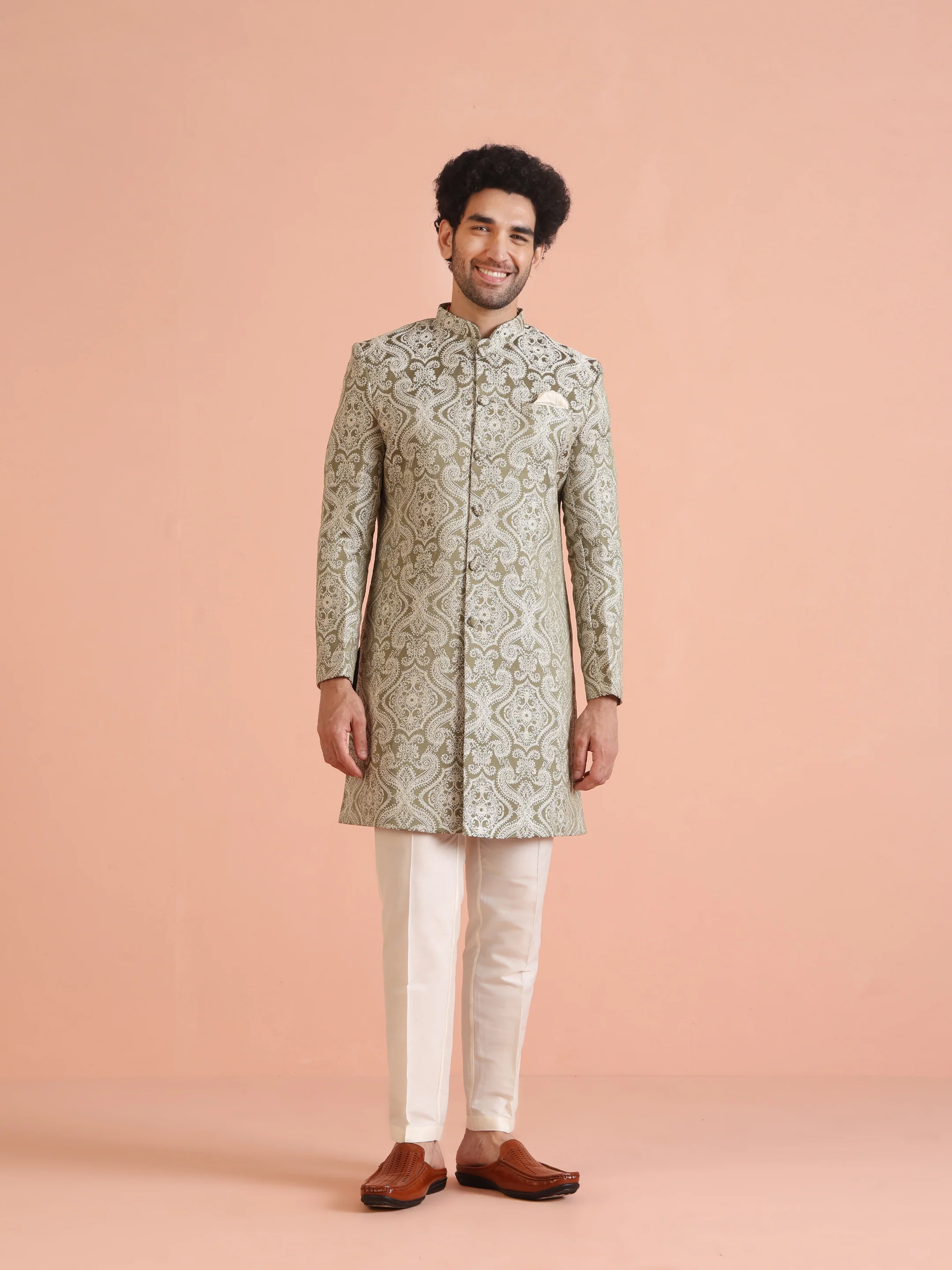 Light Green Textured Sherwani Trouser Set - Image 8