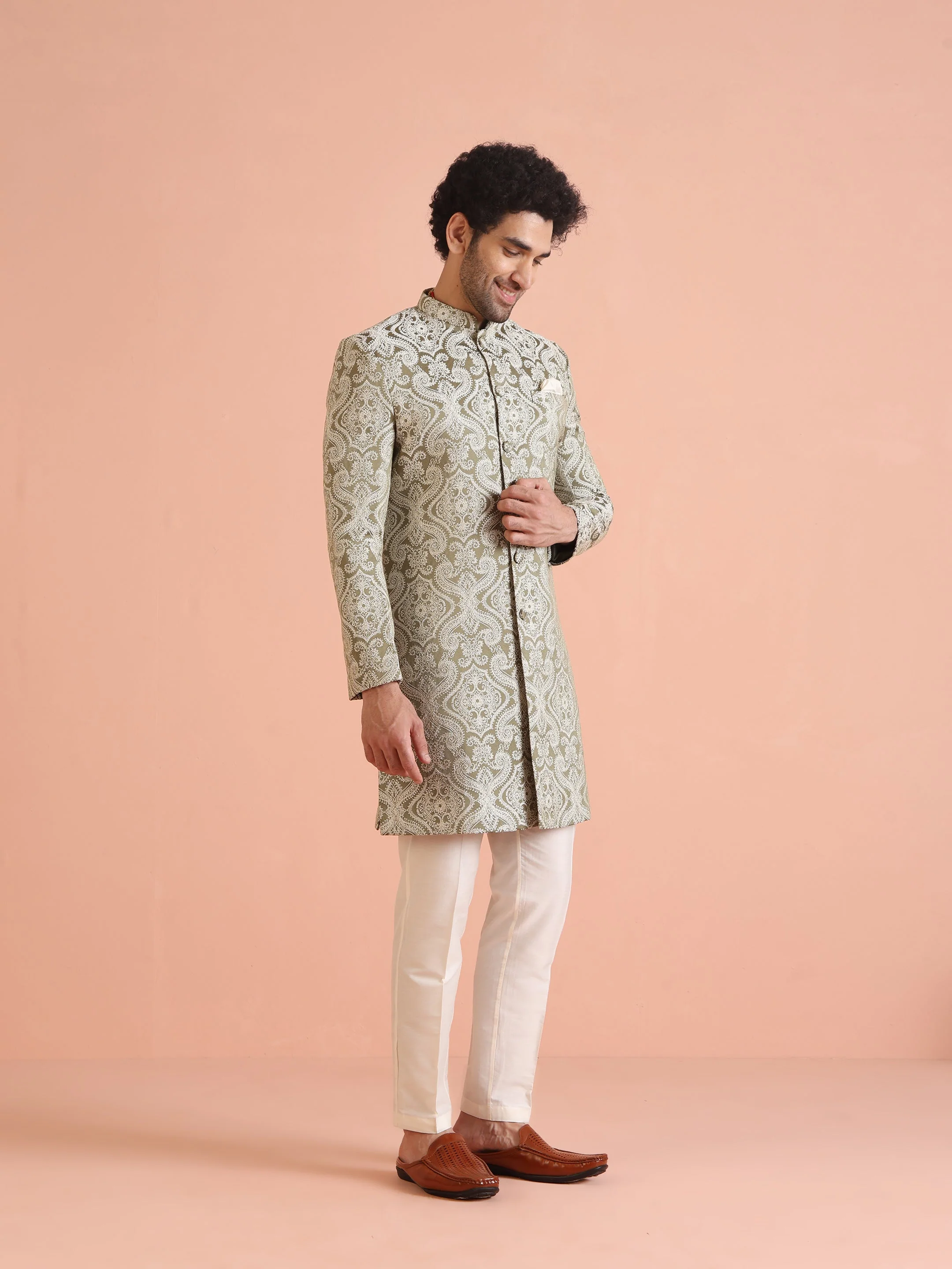 Light Green Textured Sherwani Trouser Set - Image 9