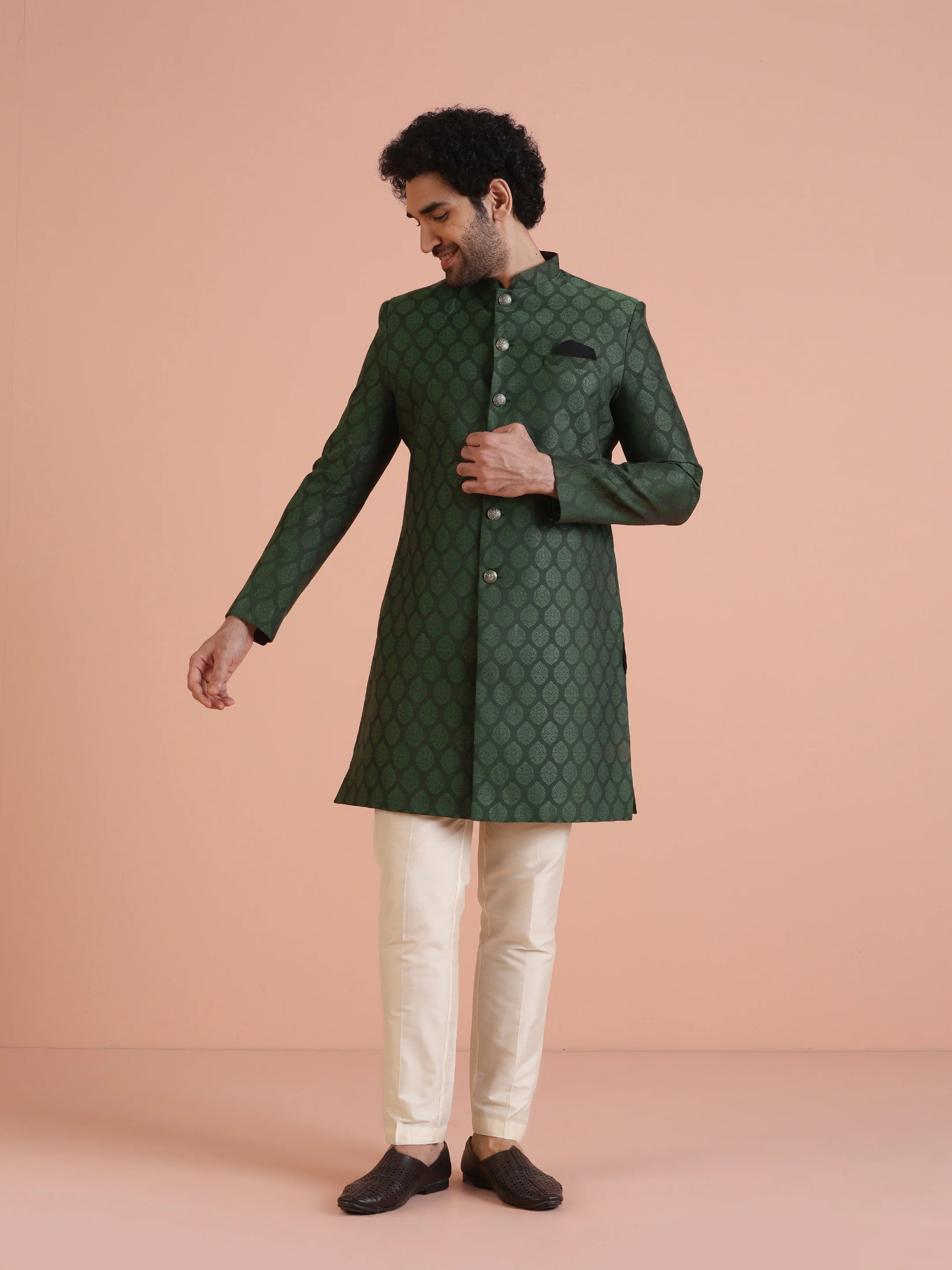 Green Silk Blend Jacquard Indowestern Achkan with Cream Trouser - Image 2