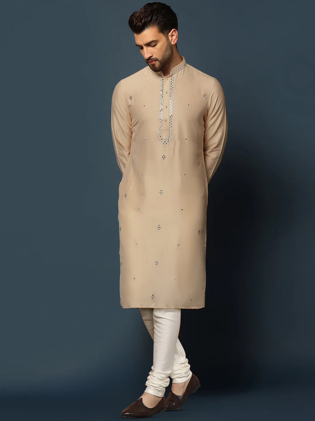 Beige Silk Blend Mirror Work Kurta Churidar - Image 3