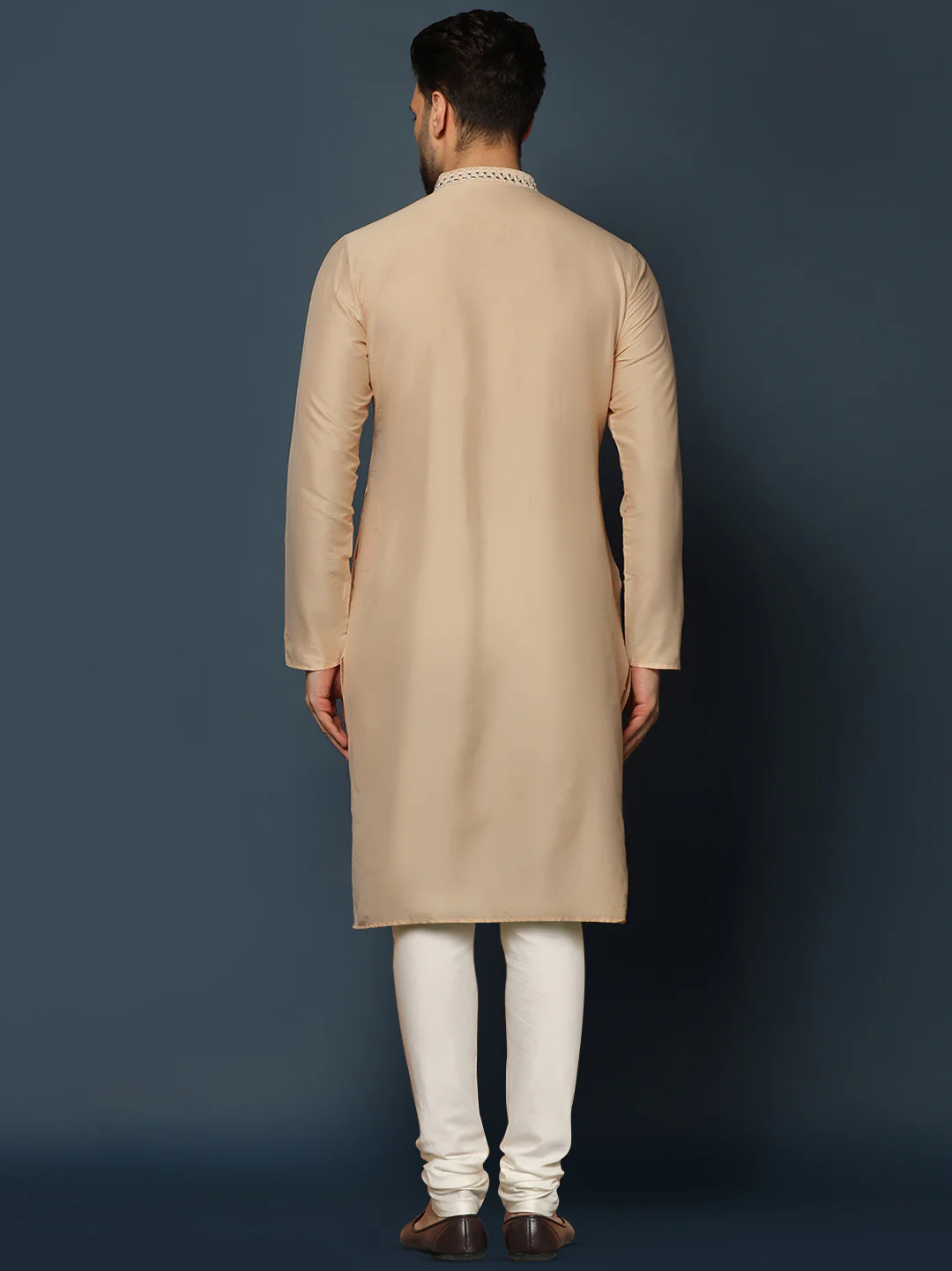 Beige Silk Blend Mirror Work Kurta Churidar - Image 4