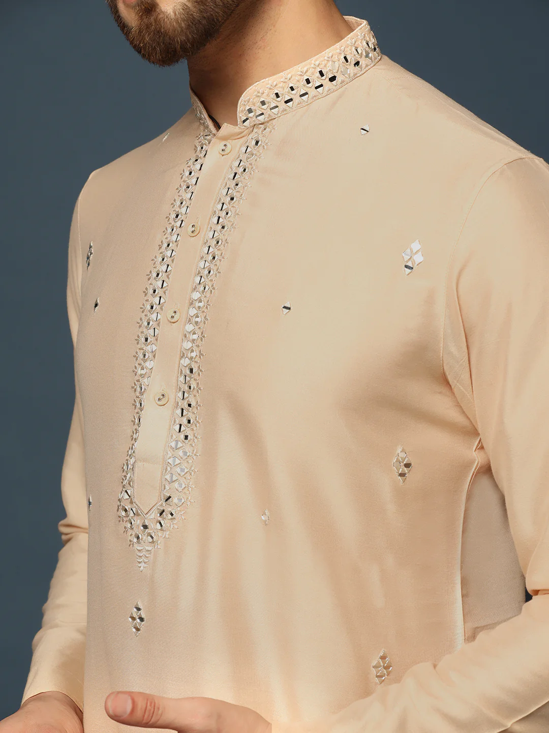 Beige Silk Blend Mirror Work Kurta Churidar - Image 5