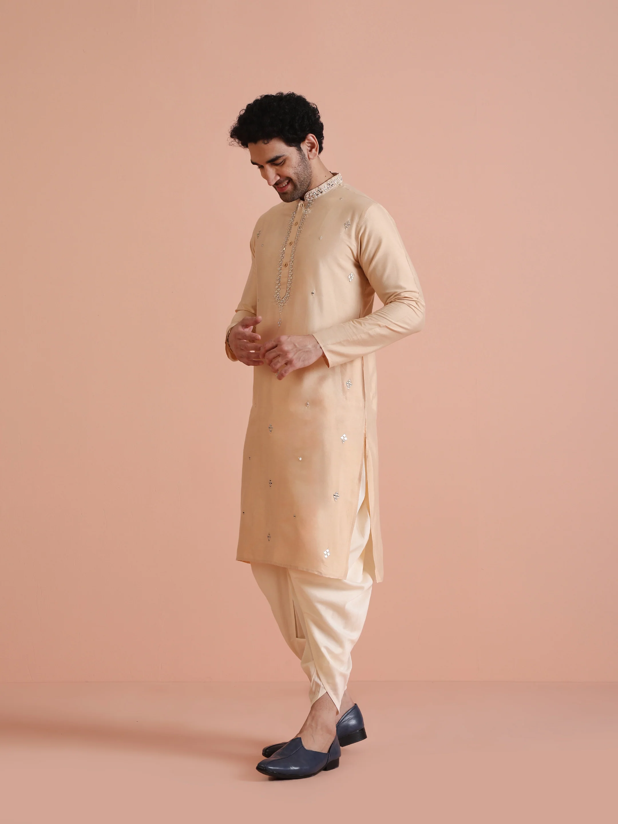 Beige Silk Blend Mirror Work Kurta Dhoti - Image 2