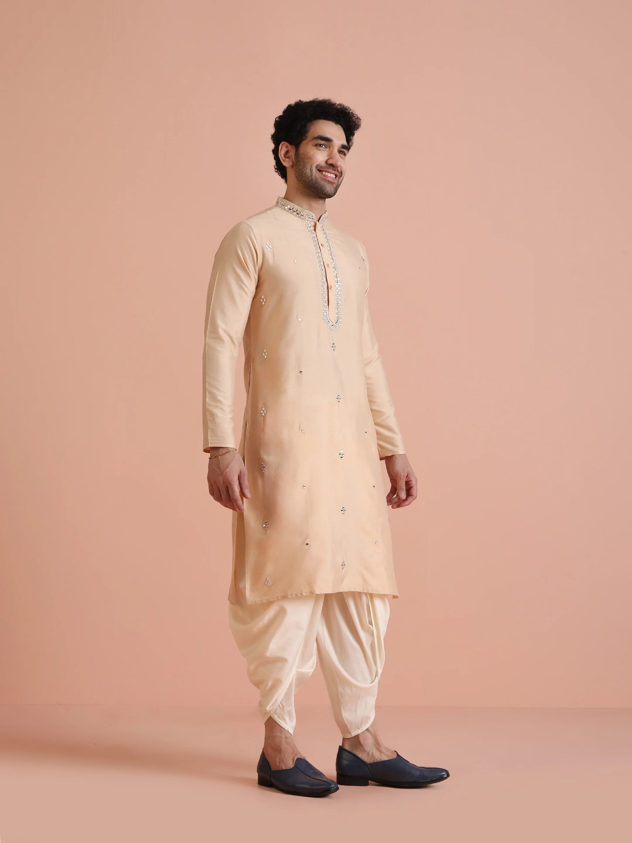 Beige Silk Blend Mirror Work Kurta Dhoti - Image 3