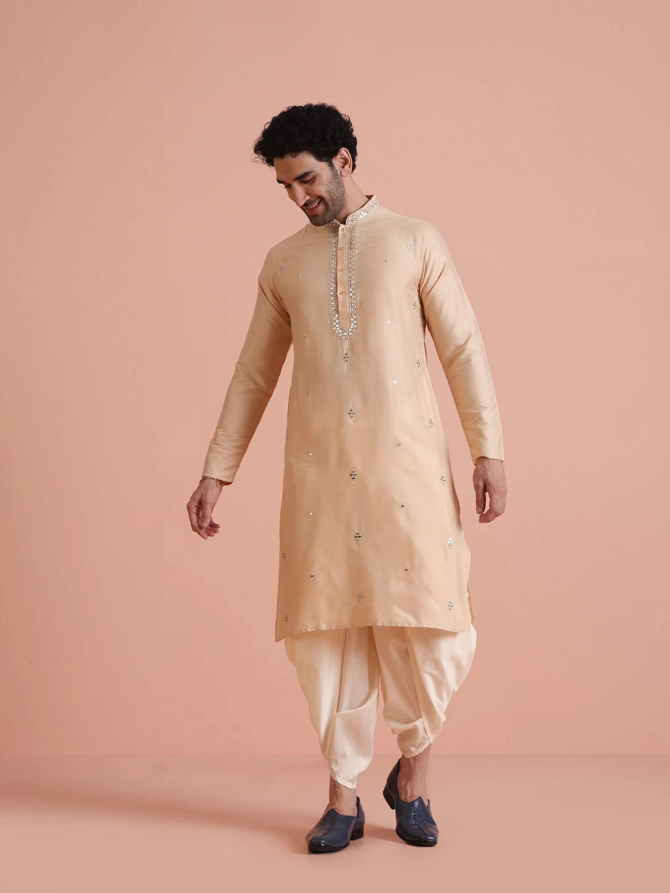 Beige Silk Blend Mirror Work Long Kurta - Image 6