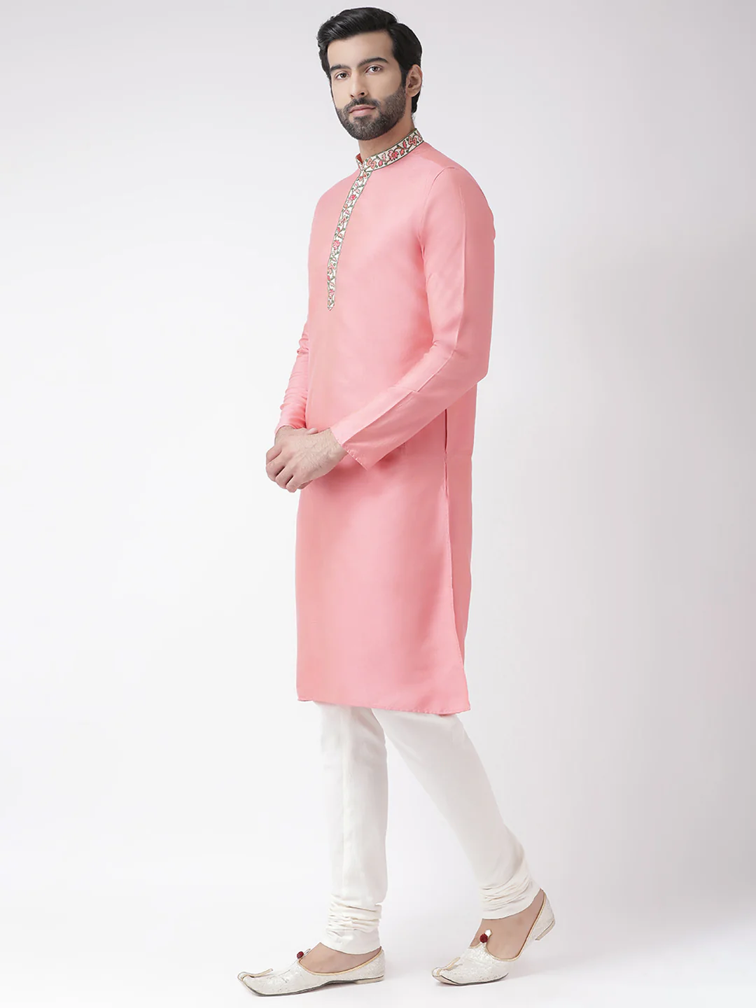 Men Solid Hot Pink Kurta Churidar Set - Image 3