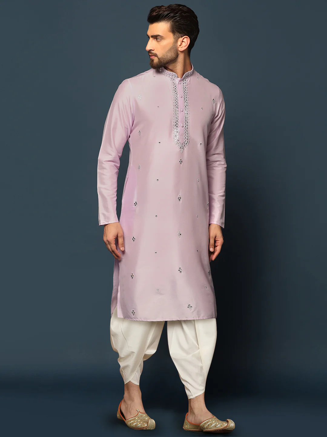 Men Light Pink Mirror Work Embellished Kurta Dhoti Set â€“ Classic Festive Wear - Image 3