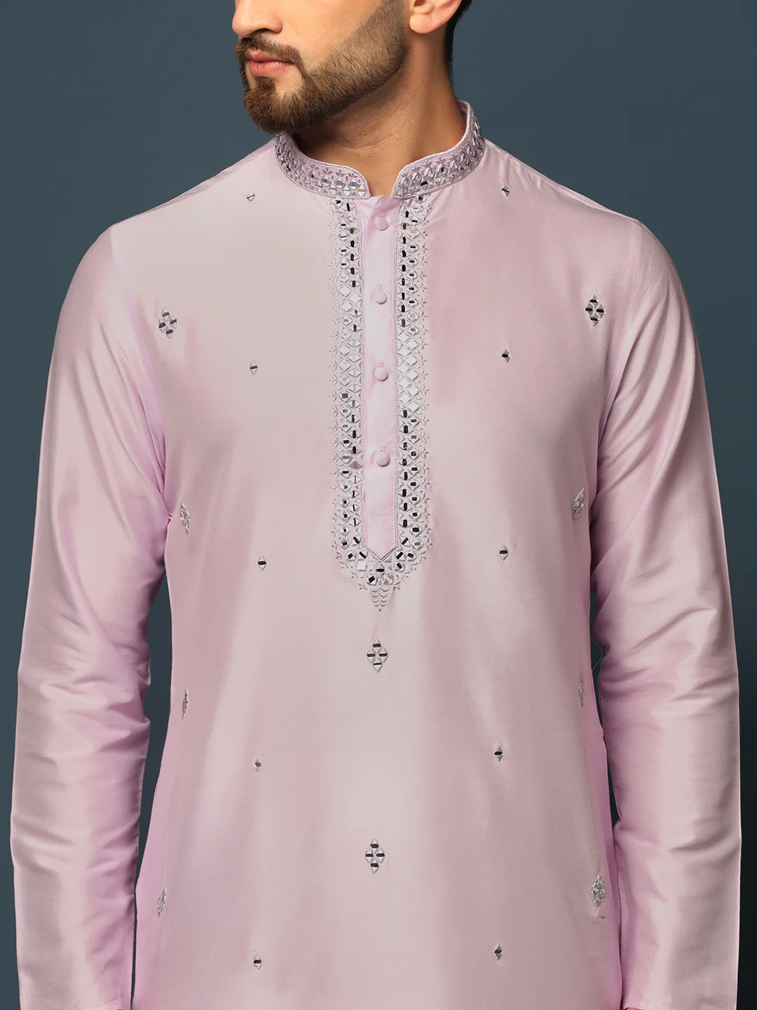 Men Light Pink Mirror Work Embellished Kurta Dhoti Set â€“ Classic Festive Wear - Image 5