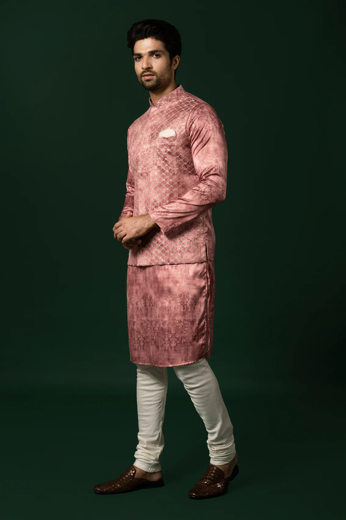 Pink Silk Woven Nehru Jacket Kurta Churidar - Image 3