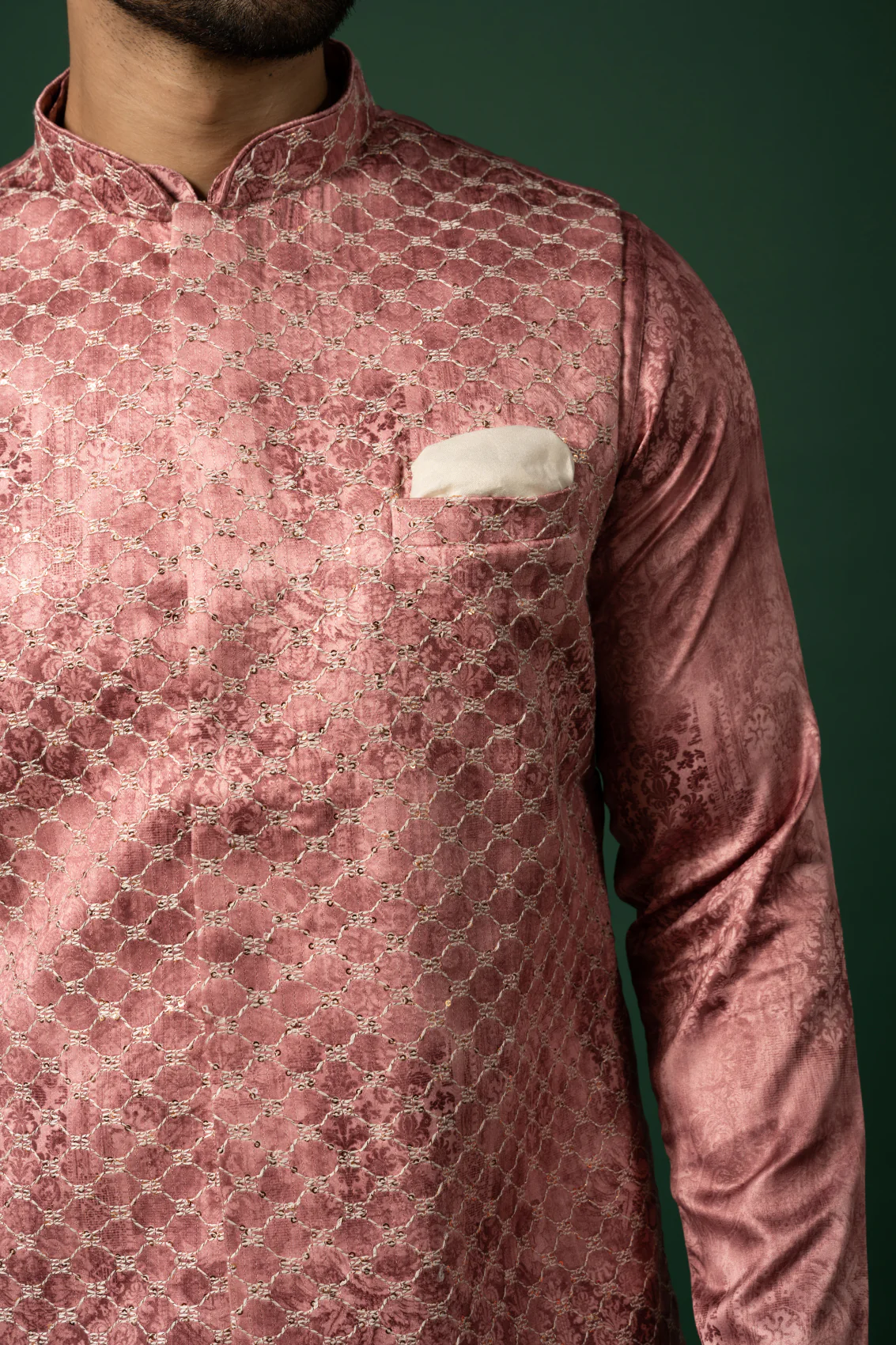 Pink Silk Woven Nehru Jacket Kurta Churidar - Image 6