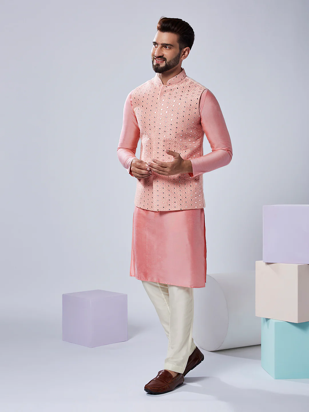 Peach Silk Mirror Work Nehru Jacket Kurta Trouser