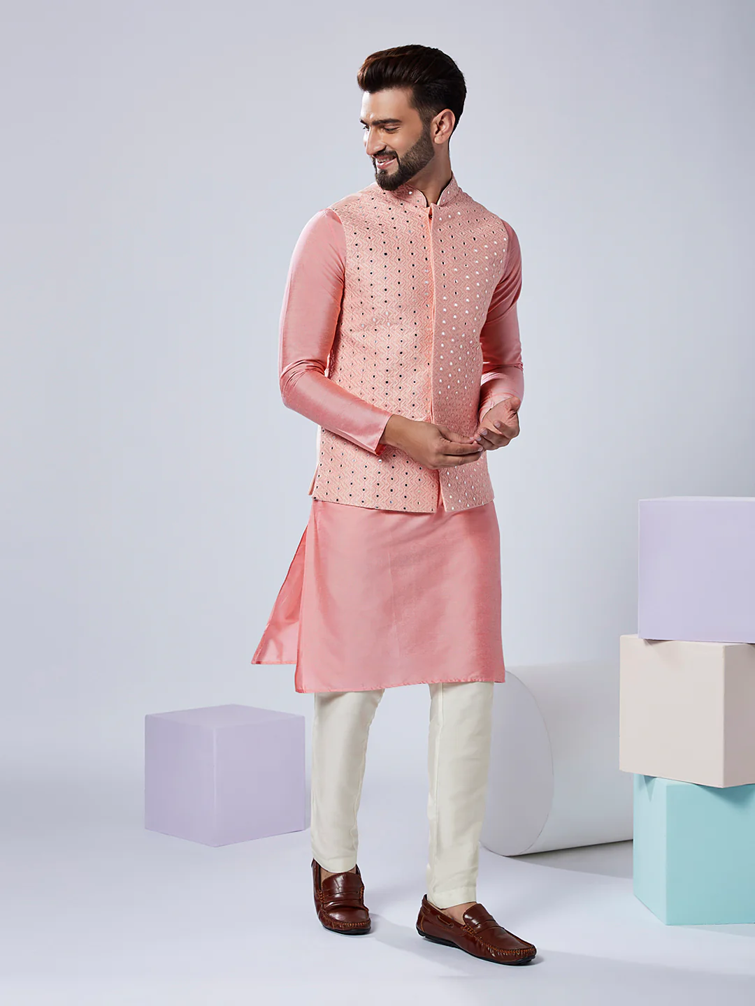Peach Silk Mirror Work Nehru Jacket Kurta Trouser - Image 3