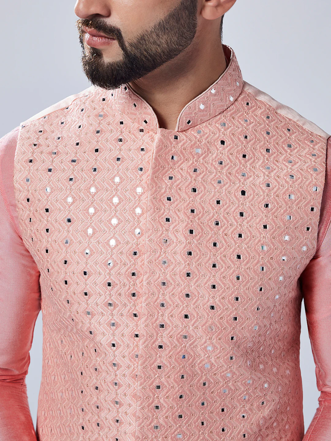 Peach Silk Mirror Work Nehru Jacket Kurta Trouser - Image 6