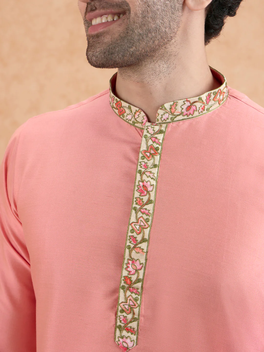 Pink Kurta with Embroidered Neckline - Image 2