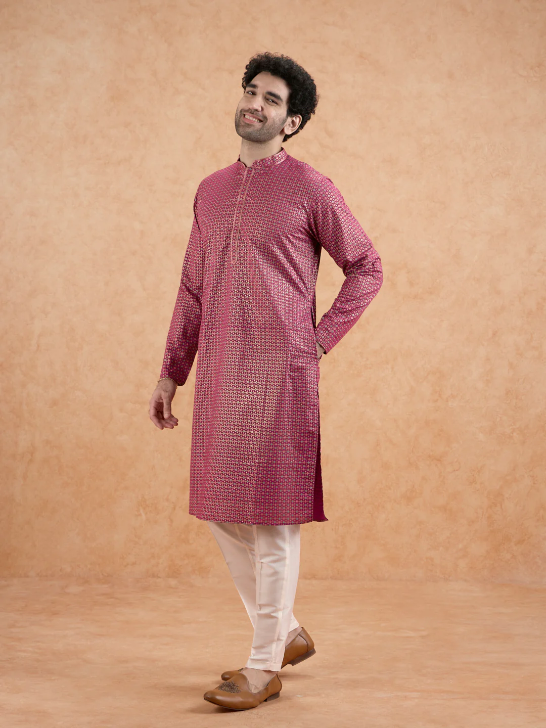 Magenta Silk Metallic Printed Long Kurta - Image 3