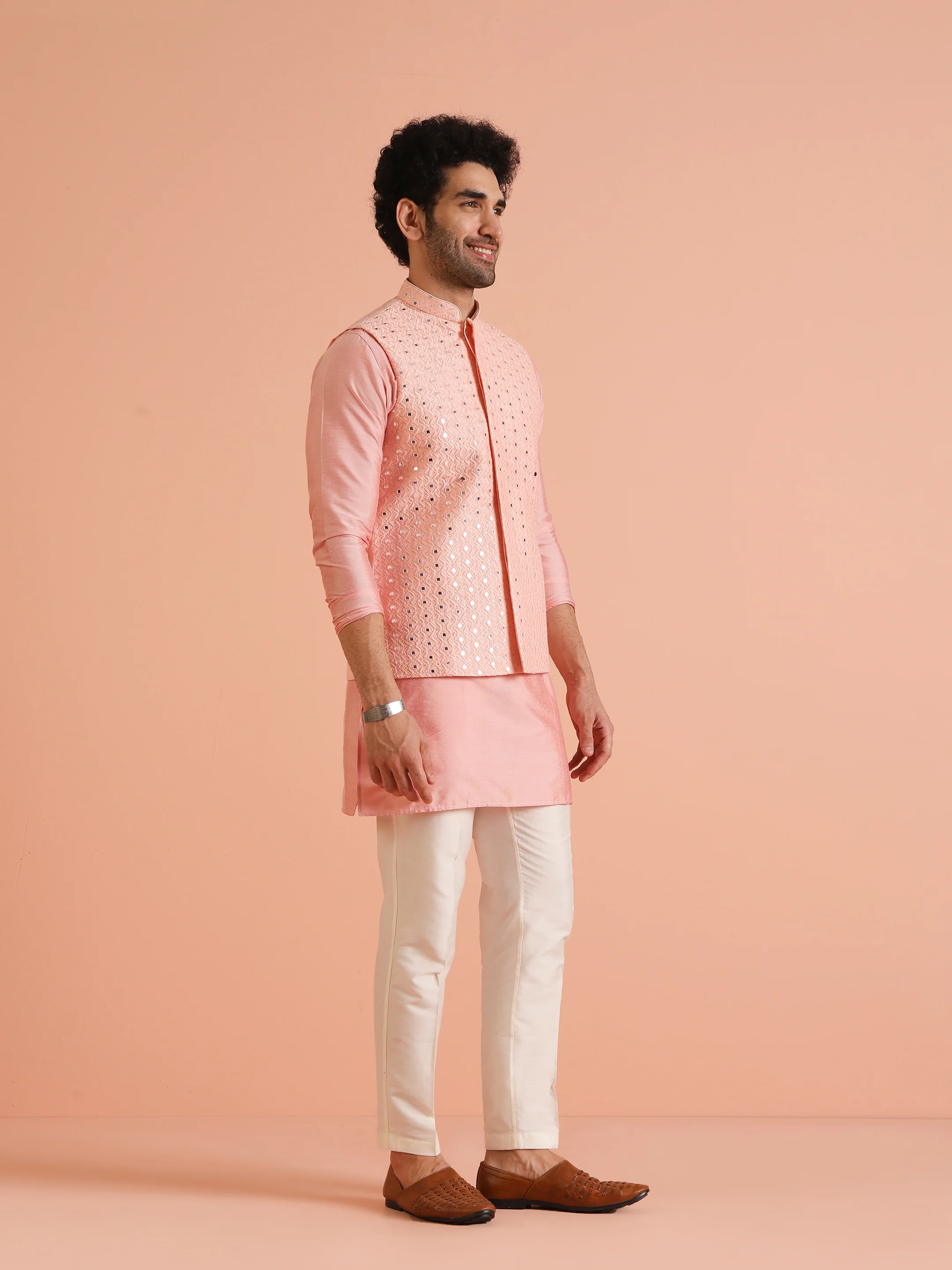 Peach Mirror Work Nehru Jacket - Image 3