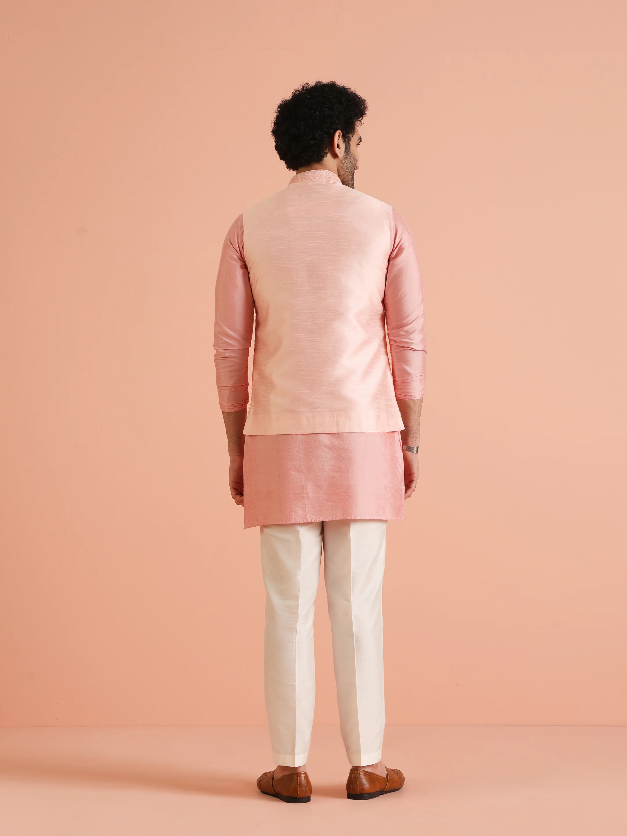 Peach Mirror Work Nehru Jacket - Image 5