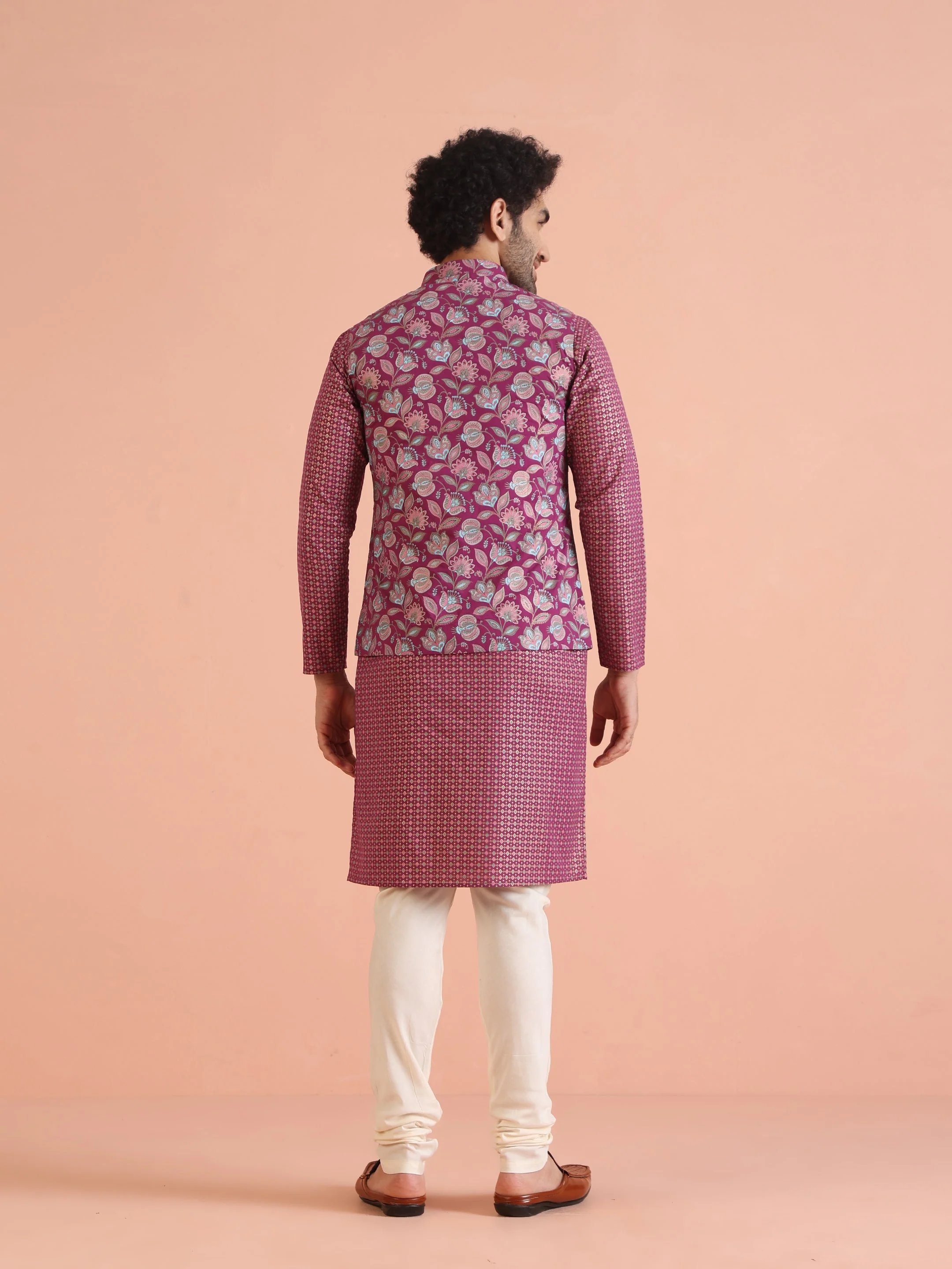 Pink Silk Blend Floral Jacquard Nehru Jacket - Image 11