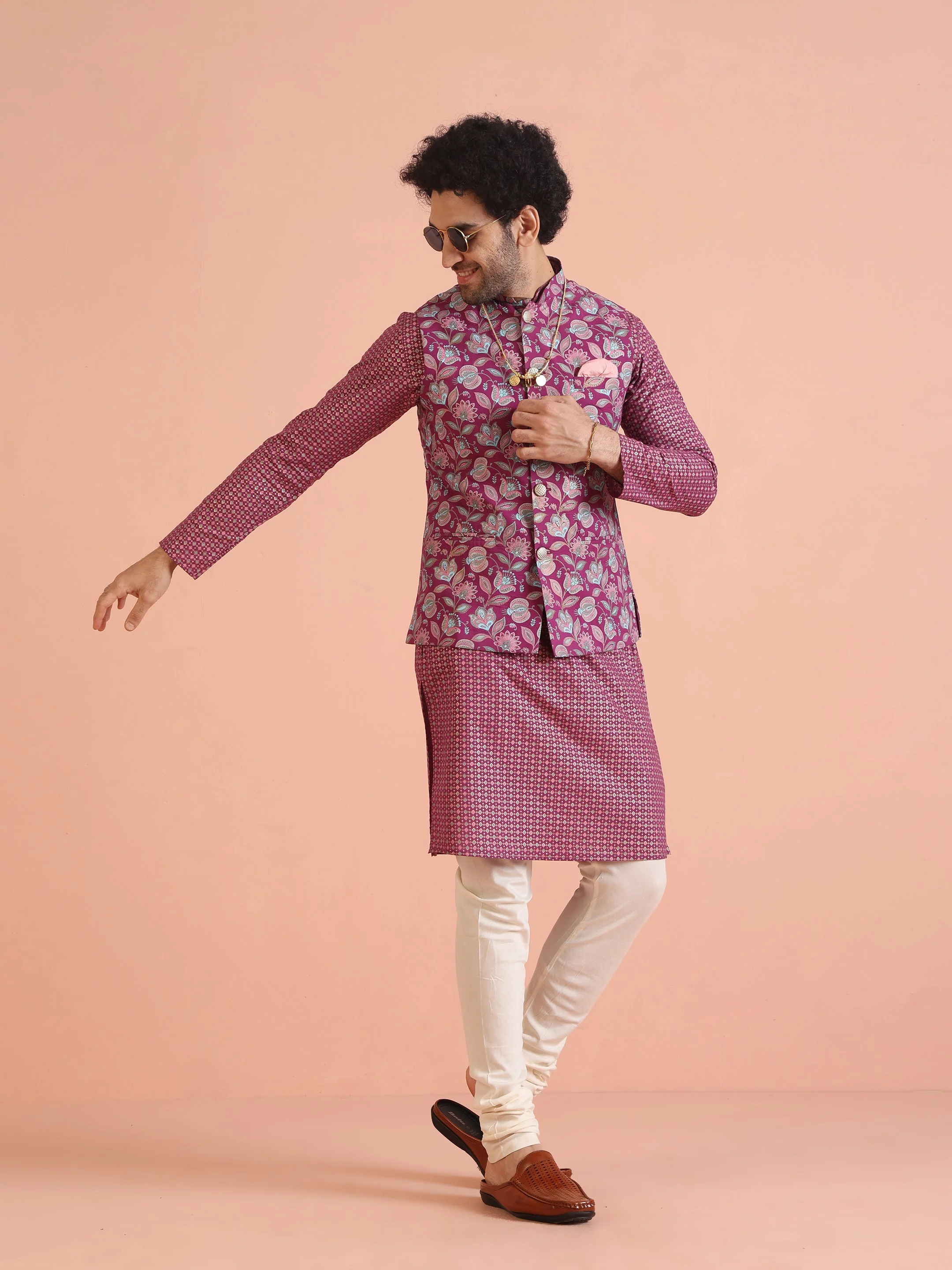 Pink Silk Blend Floral Jacquard Nehru Jacket - Image 13