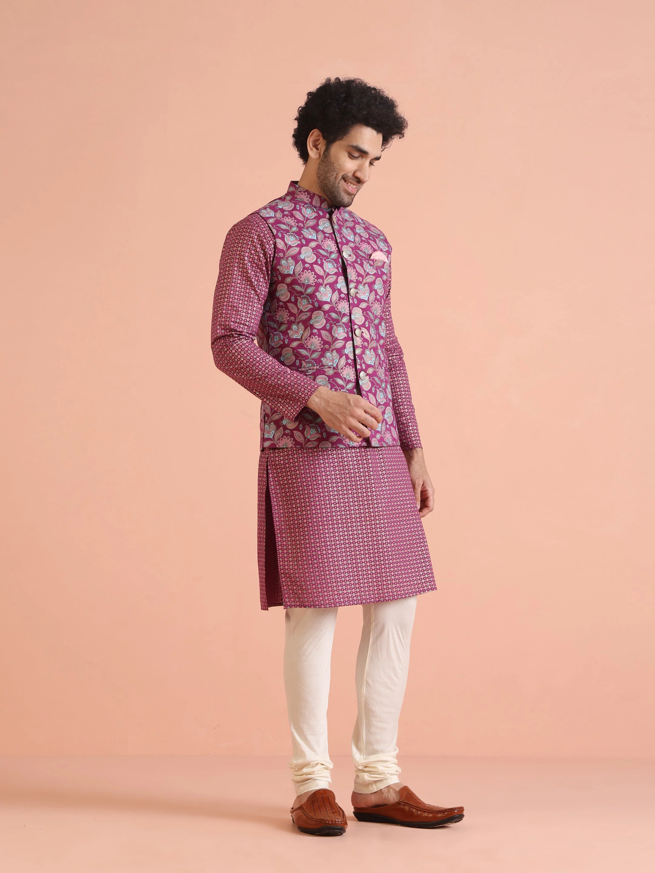 Pink Silk Blend Floral Jacquard Nehru Jacket - Image 15