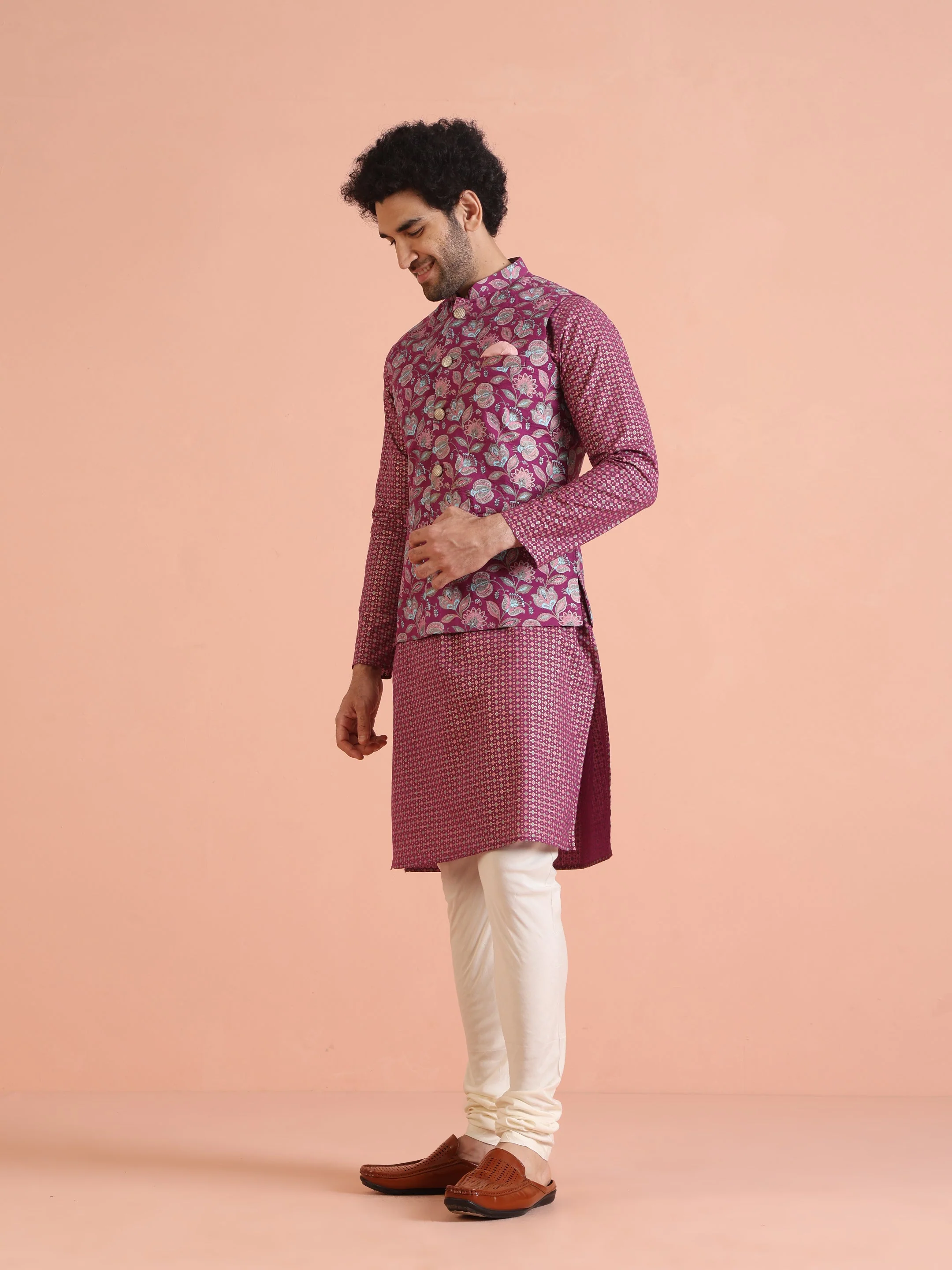 Pink Silk Blend Floral Jacquard Nehru Jacket - Image 16