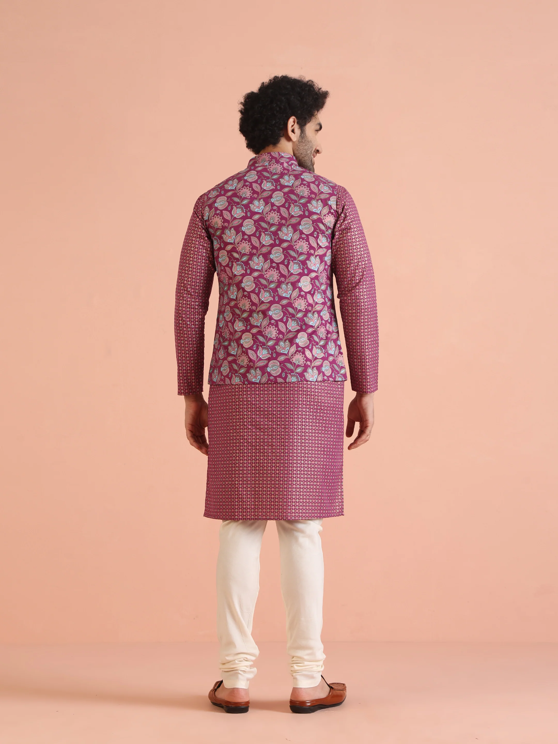 Pink Silk Blend Floral Jacquard Nehru Jacket - Image 5