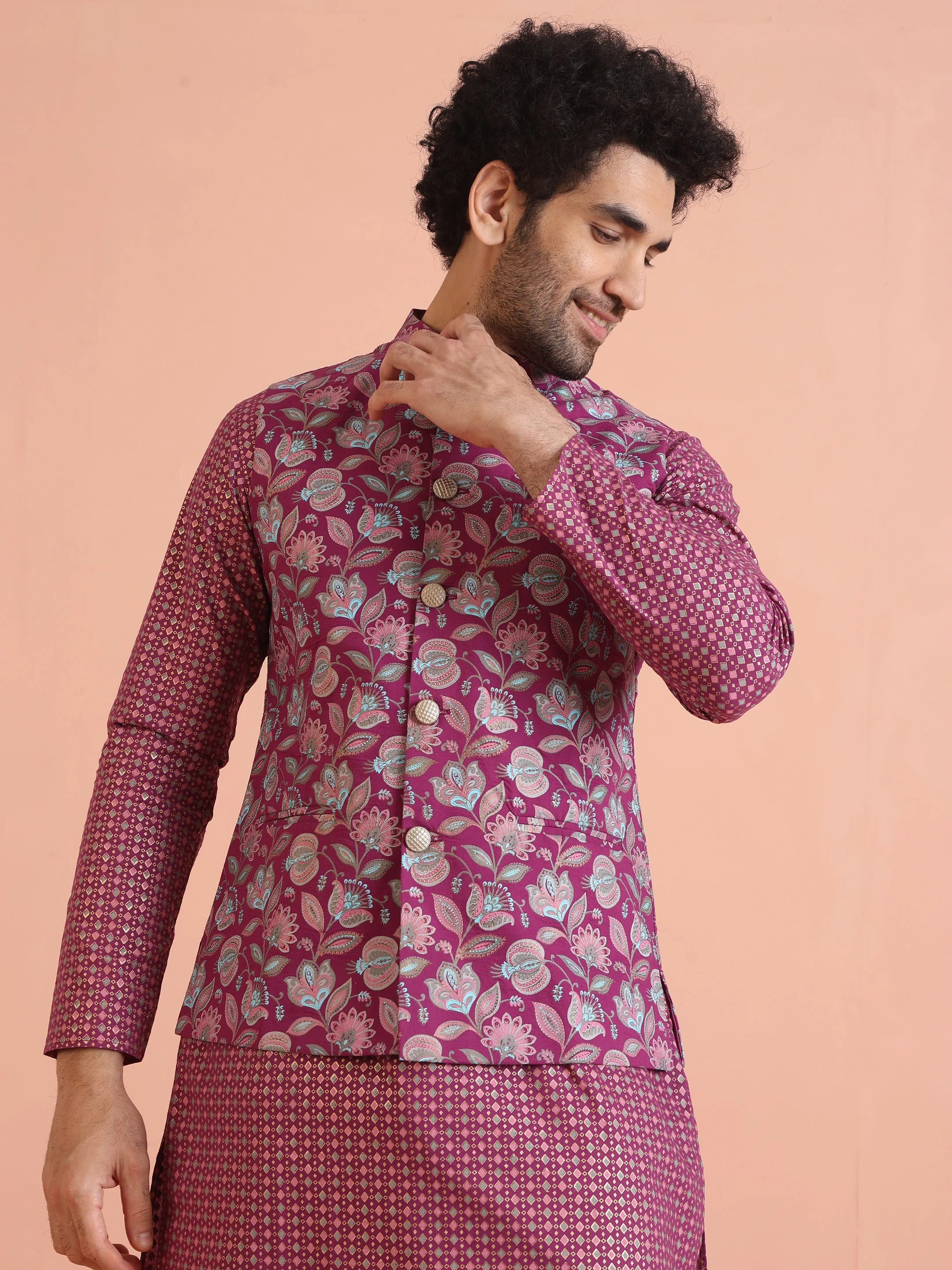 Pink Silk Blend Floral Jacquard Nehru Jacket - Image 8