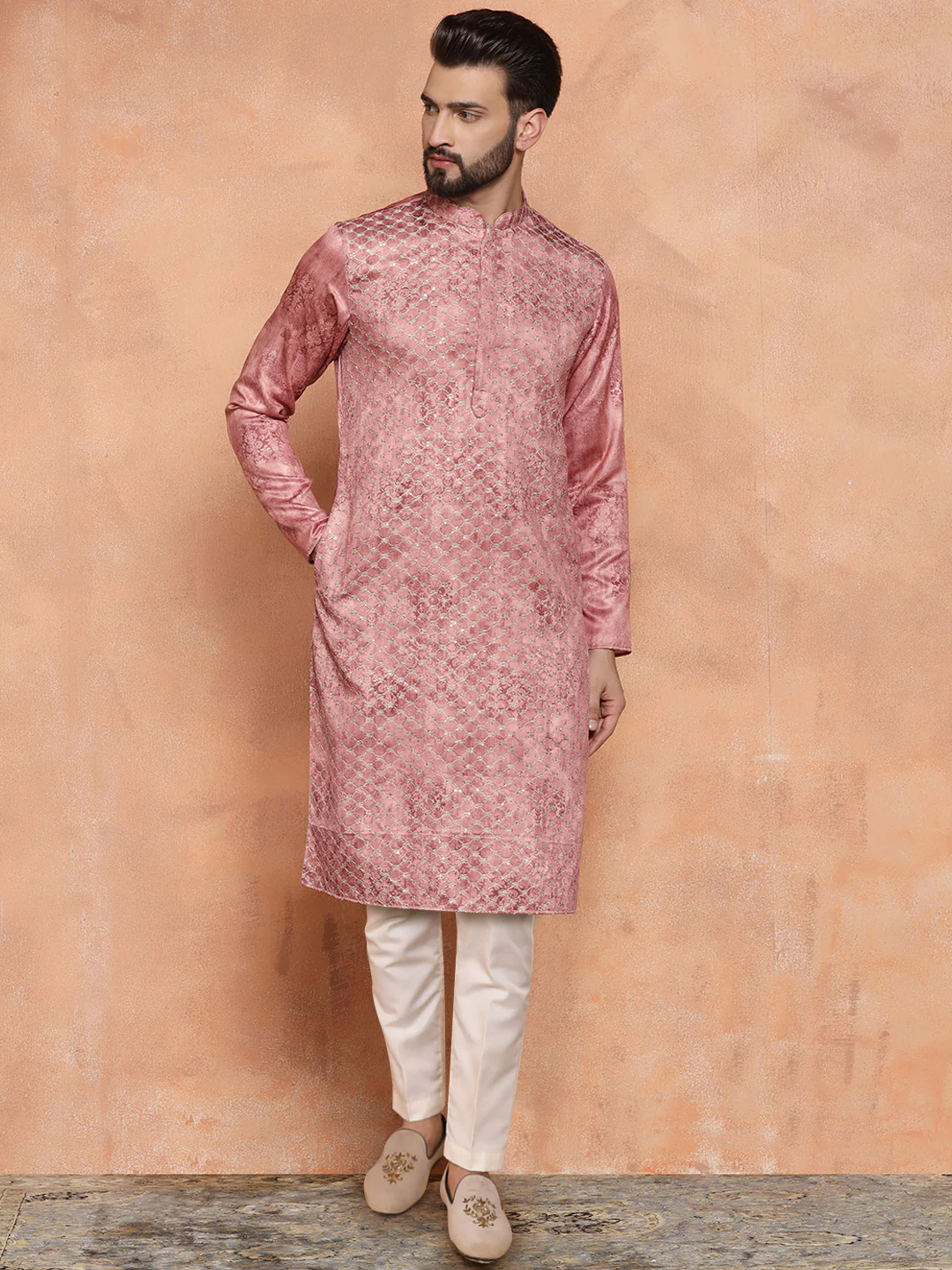 Pink Silk Blend Metallic Kurta Trouser Set