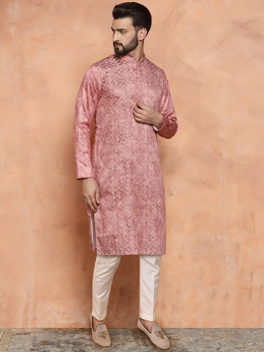 Pink Silk Blend Metallic Kurta Trouser Set - Image 2
