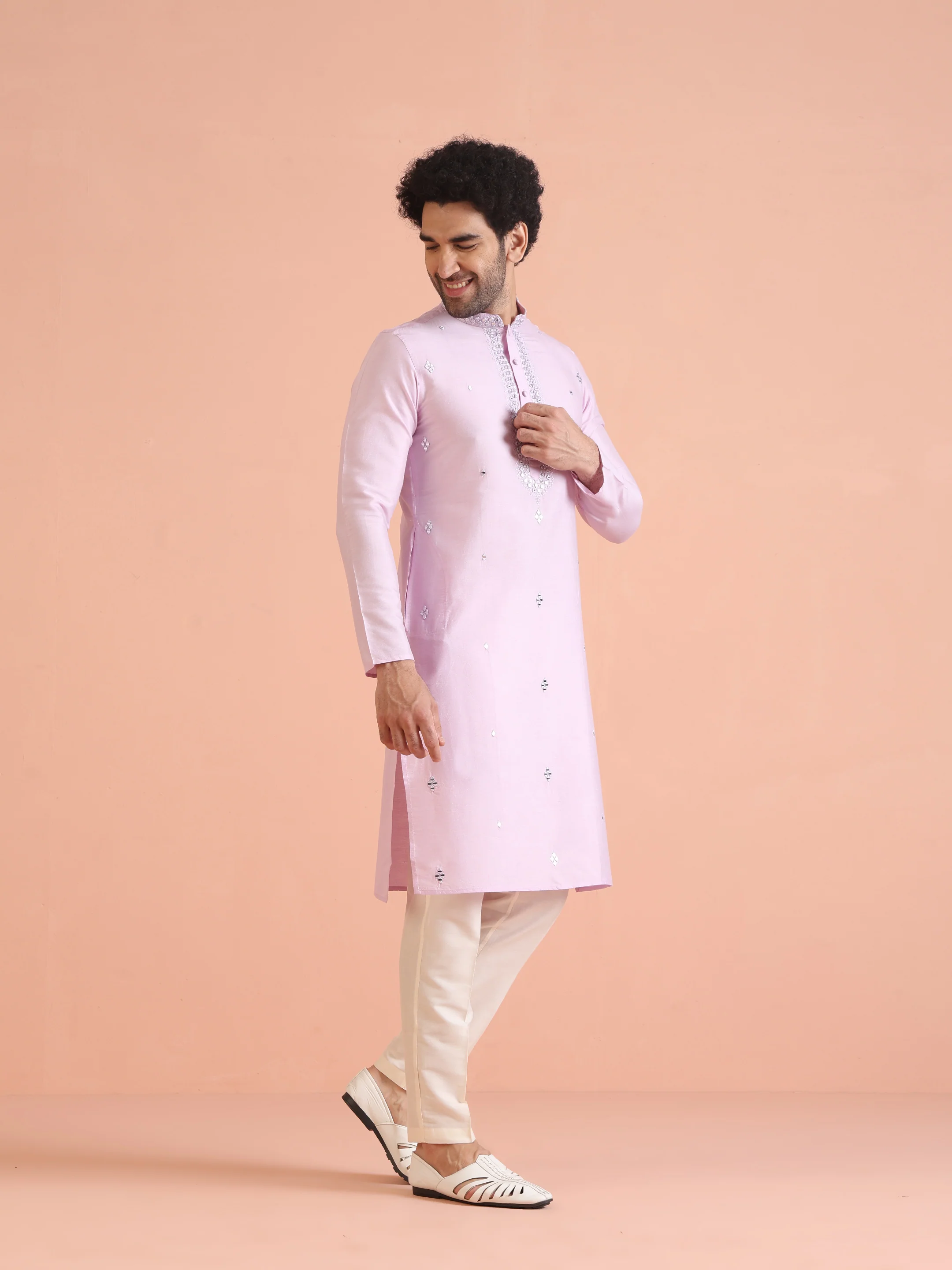 Light Pink Silk Blend Kurta with Embroidered Neckline and Cream Trousers - Image 3