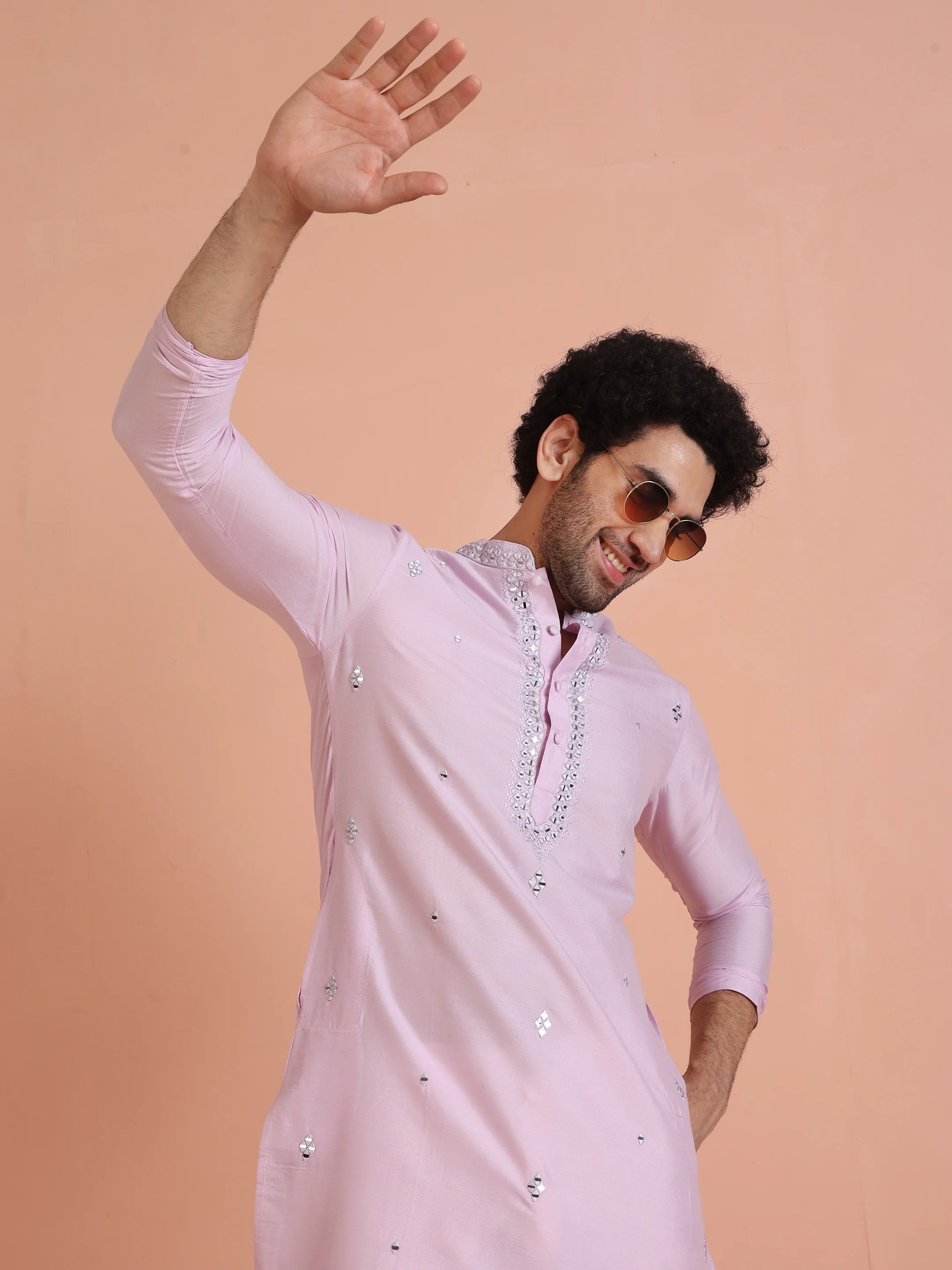 Light Pink Silk Blend Kurta with Embroidered Neckline and Cream Trousers - Image 7