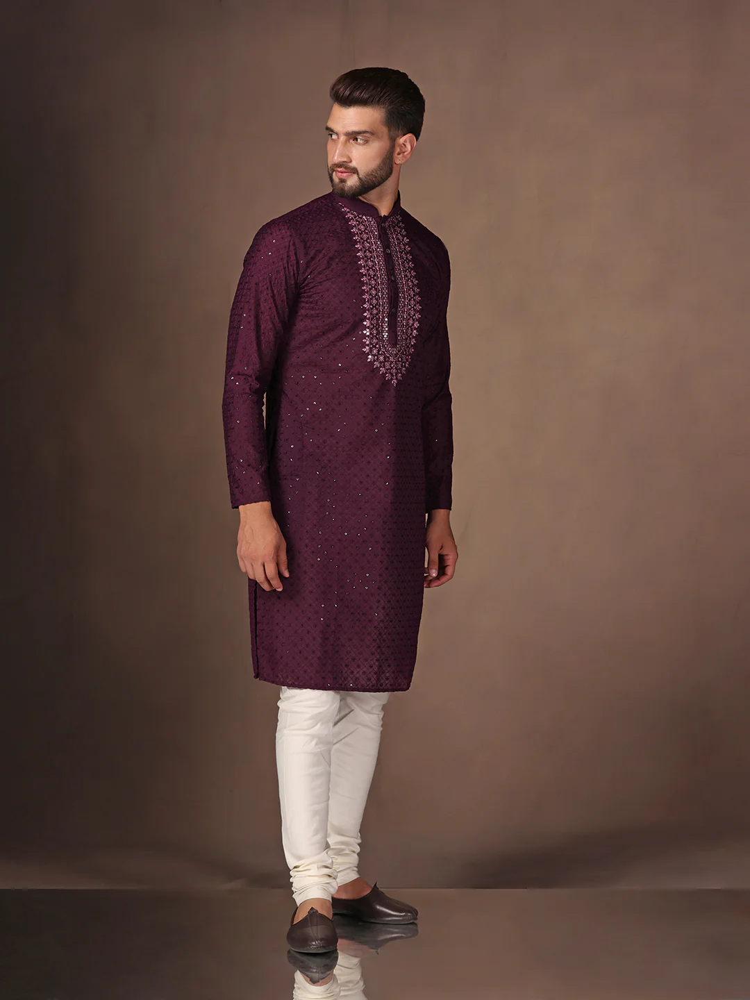 Wine Embroidered Kurta Churidar Set - Image 2