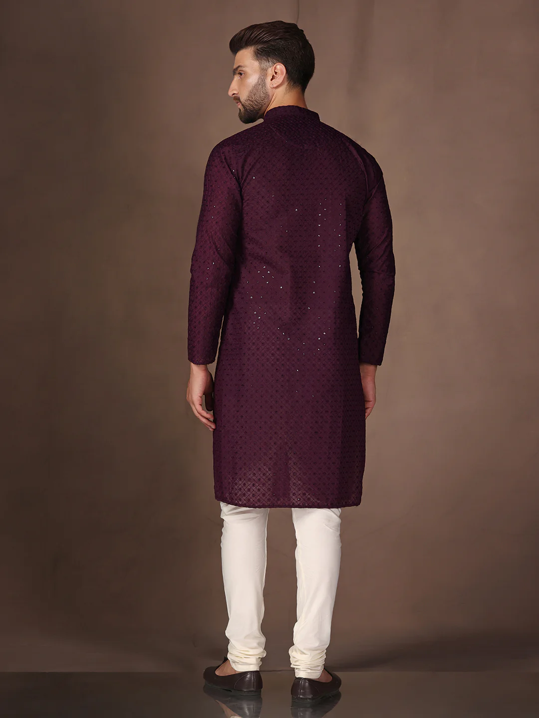 Wine Embroidered Kurta Churidar Set - Image 4