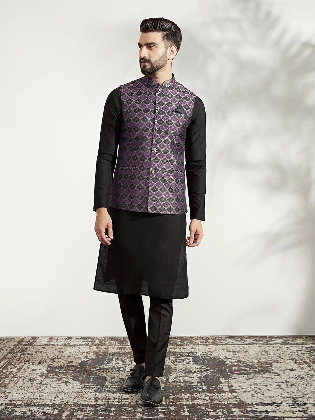 Black Silk Blend Purple Textured Nehru Jacket Kurta Set