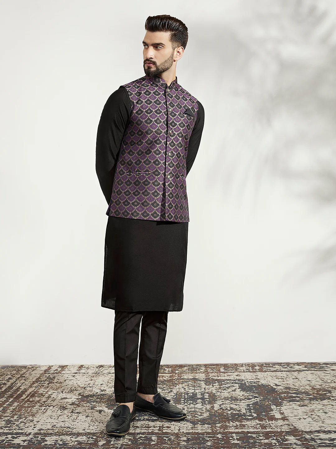 Black Silk Blend Purple Textured Nehru Jacket Kurta Set - Image 2