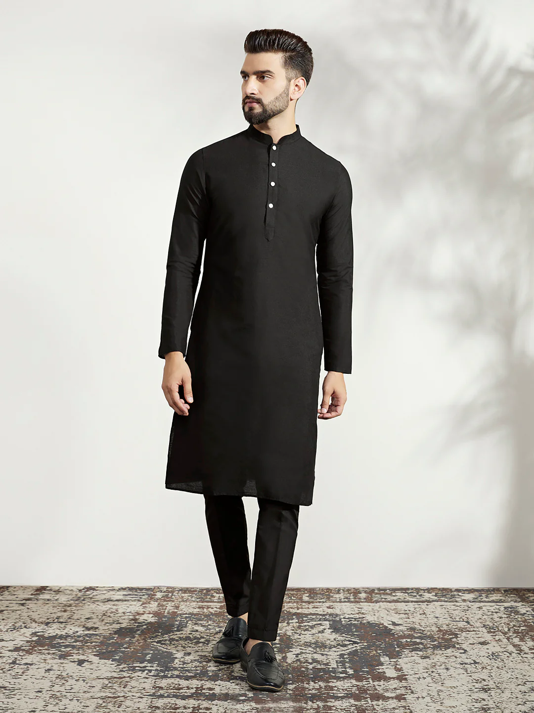 Black Silk Blend Purple Textured Nehru Jacket Kurta Set - Image 5