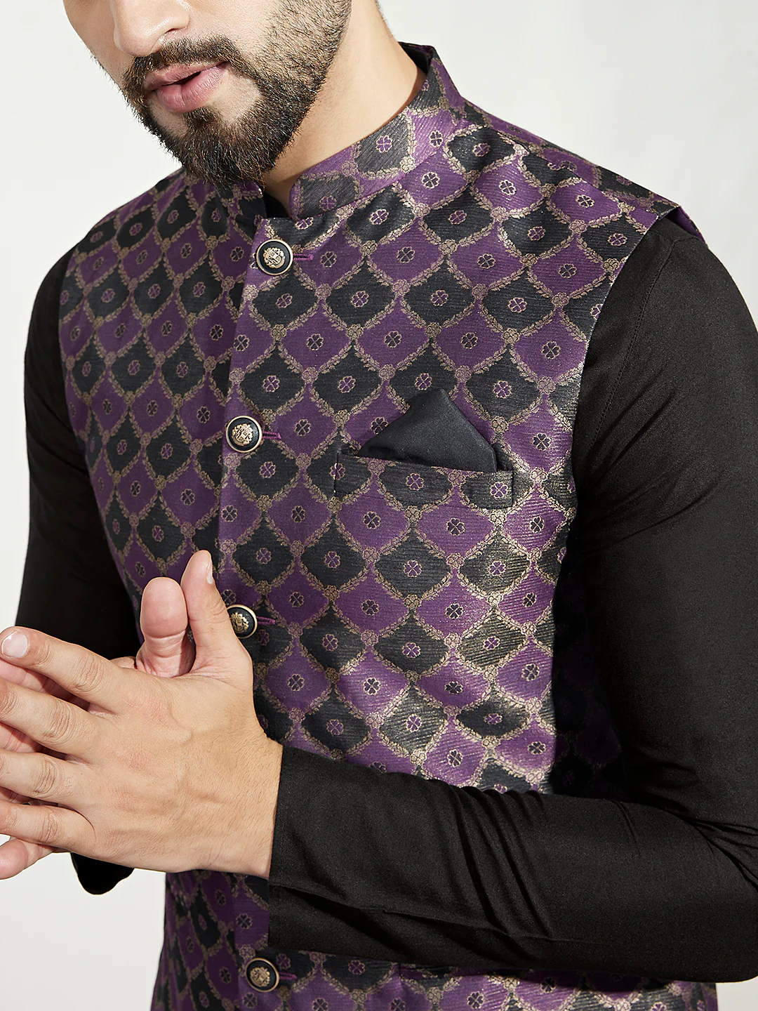 Black Silk Blend Purple Textured Nehru Jacket Kurta Set - Image 6