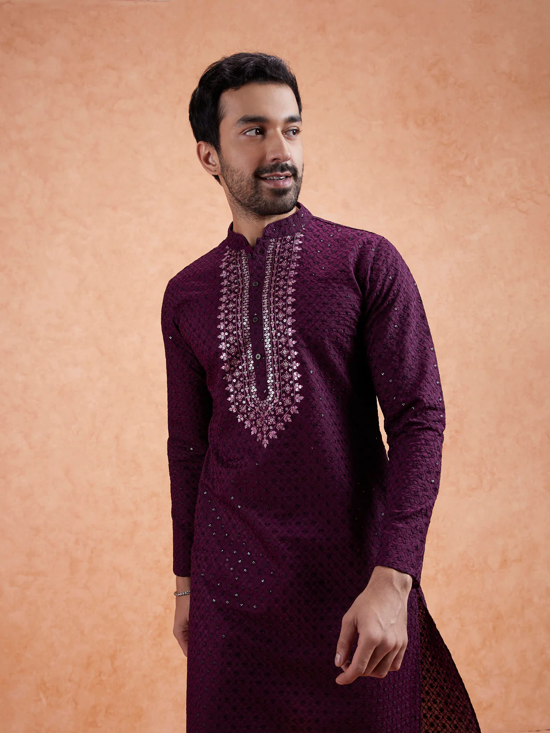 Wine Embroidered Silk Blend Kurta - Image 3