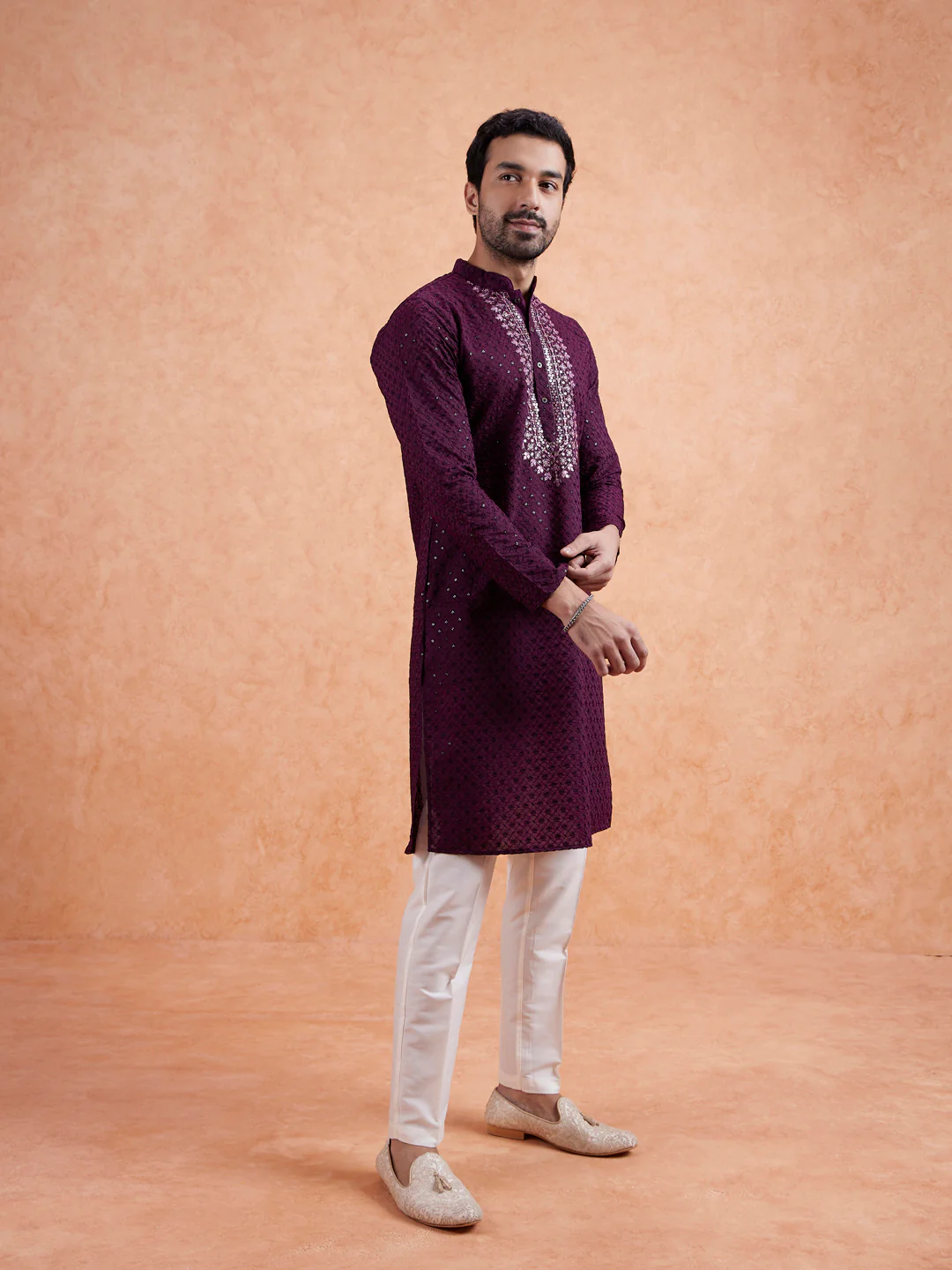 Wine Embroidered Silk Blend Kurta - Image 7