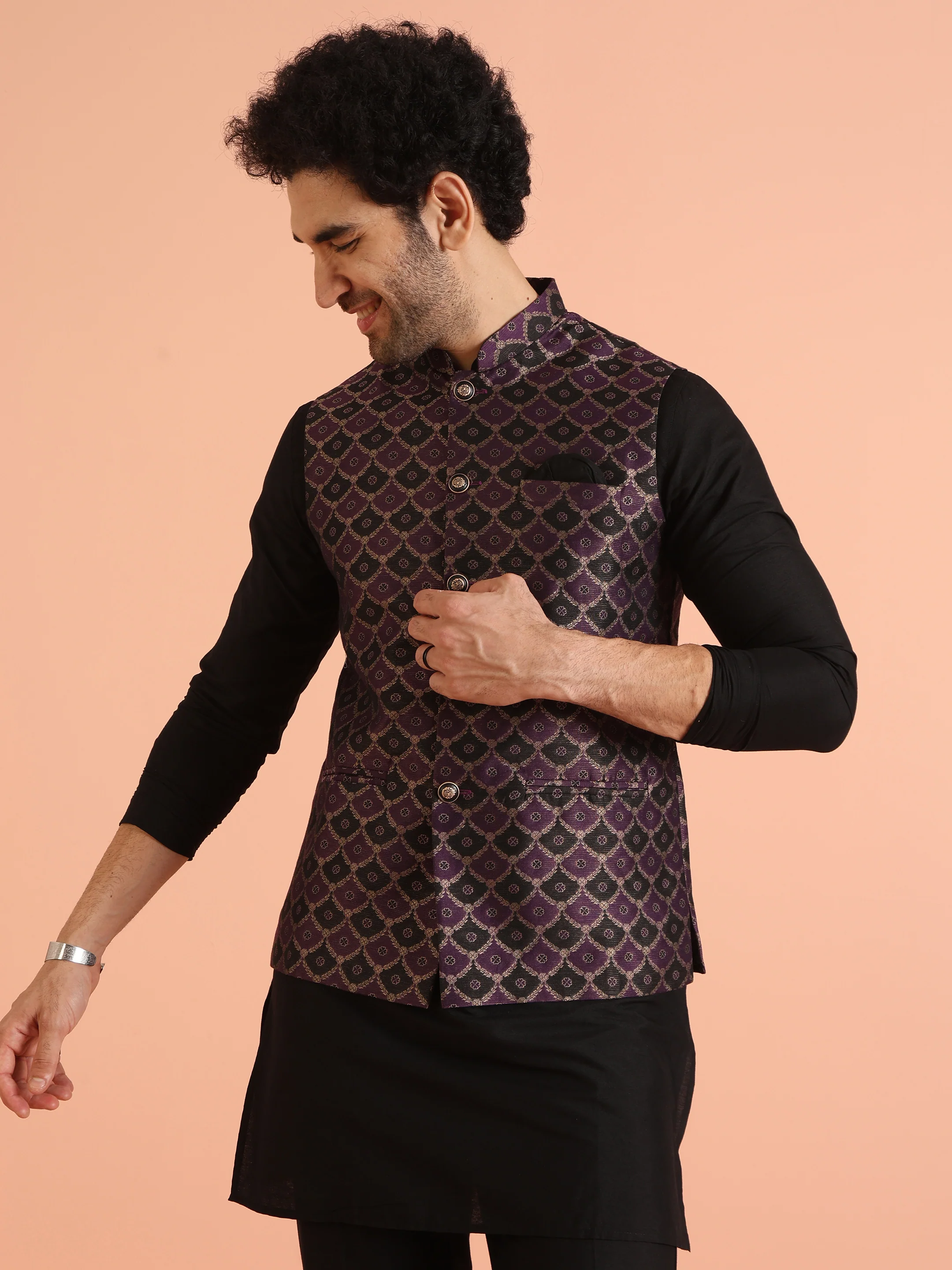 Purple Cotton Silk Textured Nehru Jacket