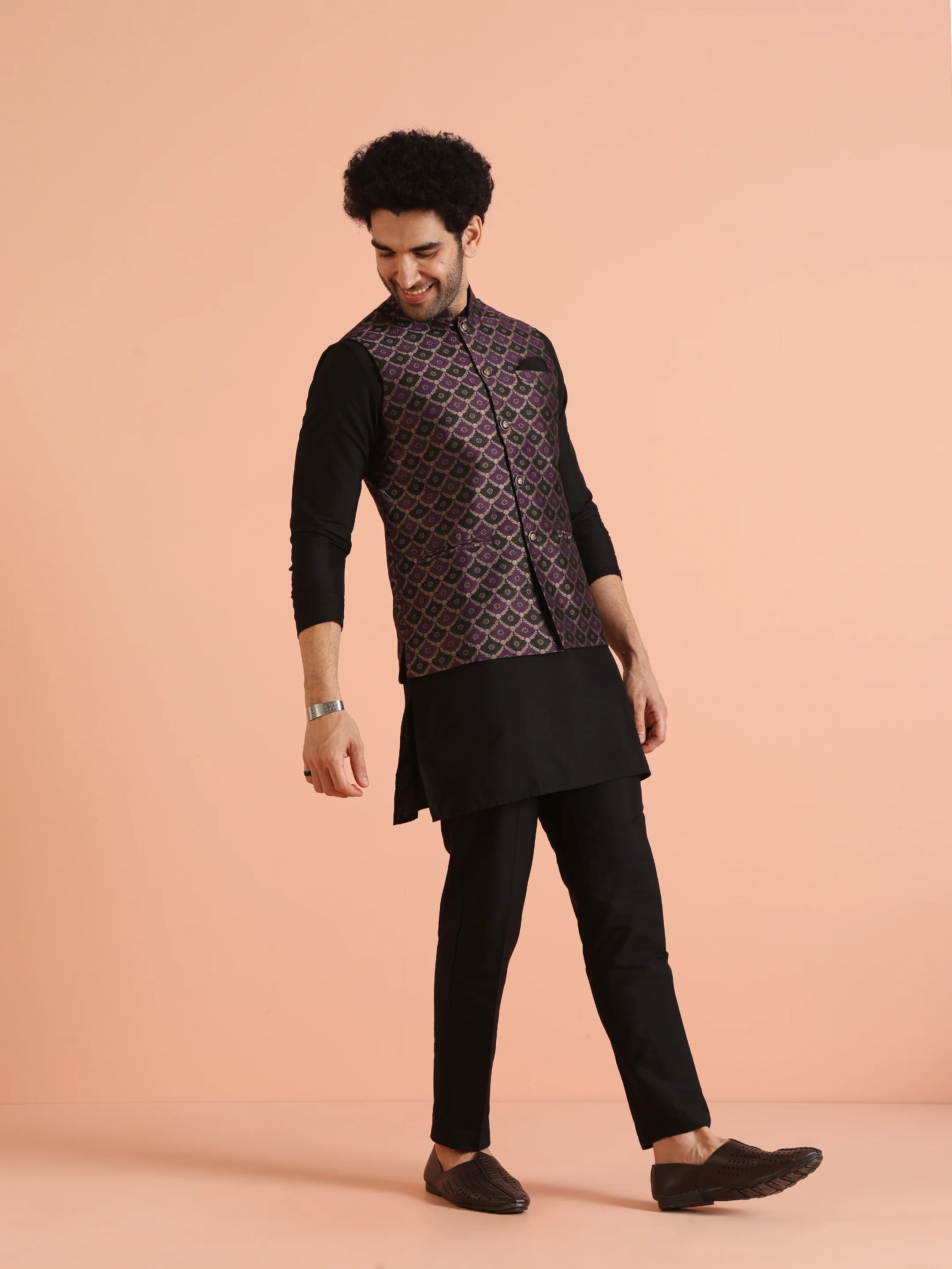 Purple Cotton Silk Textured Nehru Jacket - Image 4