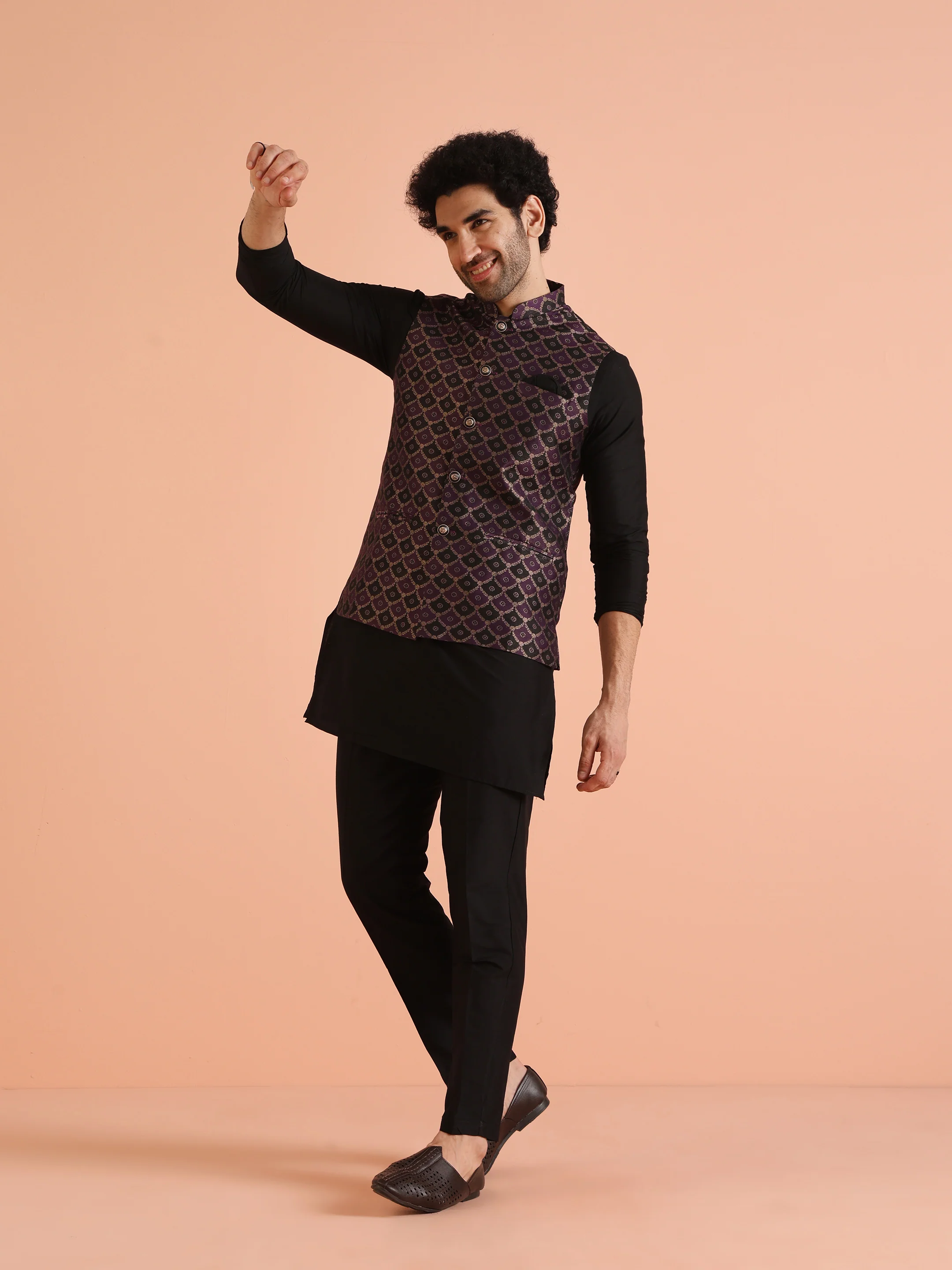 Purple Cotton Silk Textured Nehru Jacket - Image 5