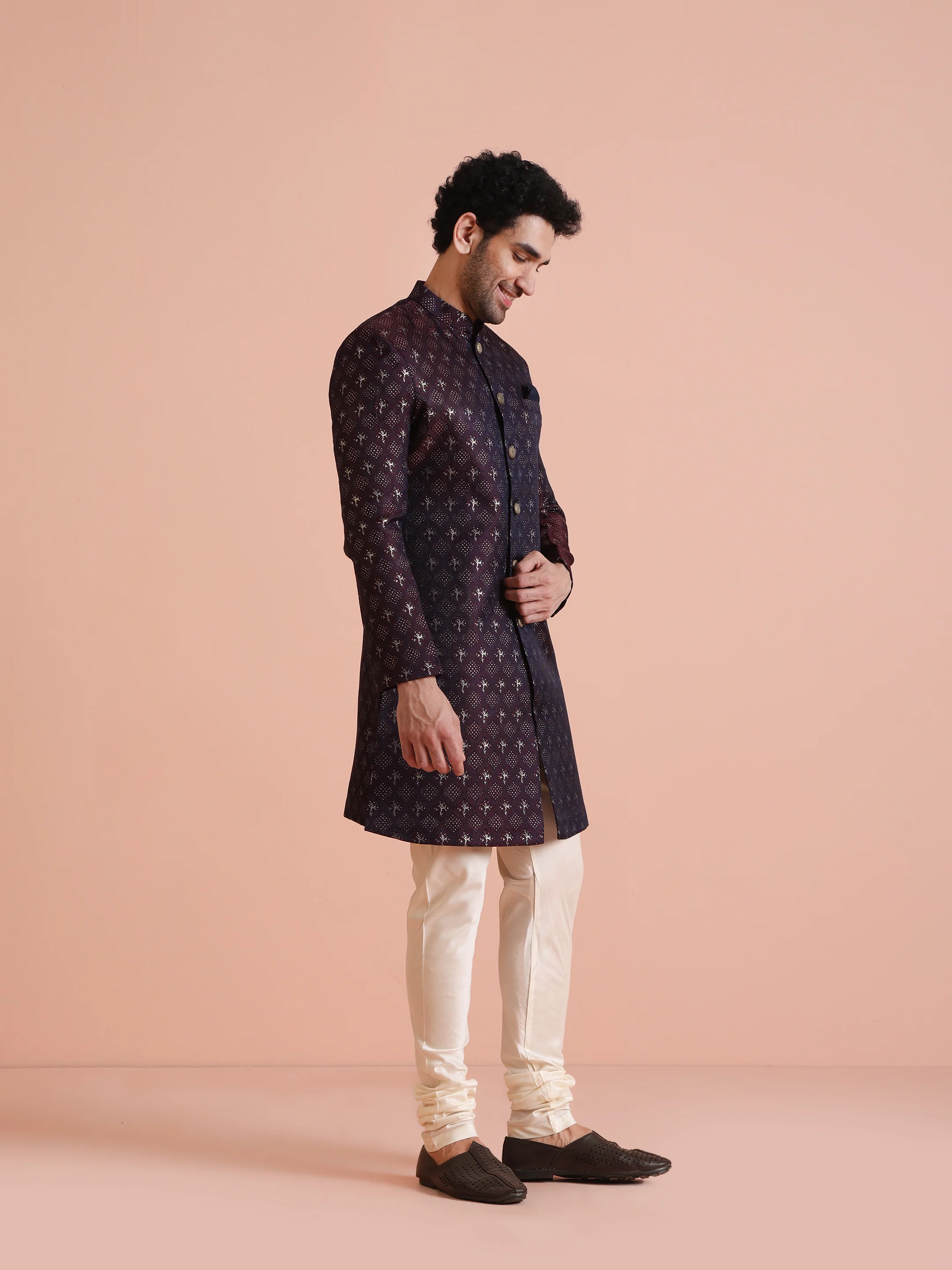 Men's Purple & Wine Indowestern Churidar Set - Image 2