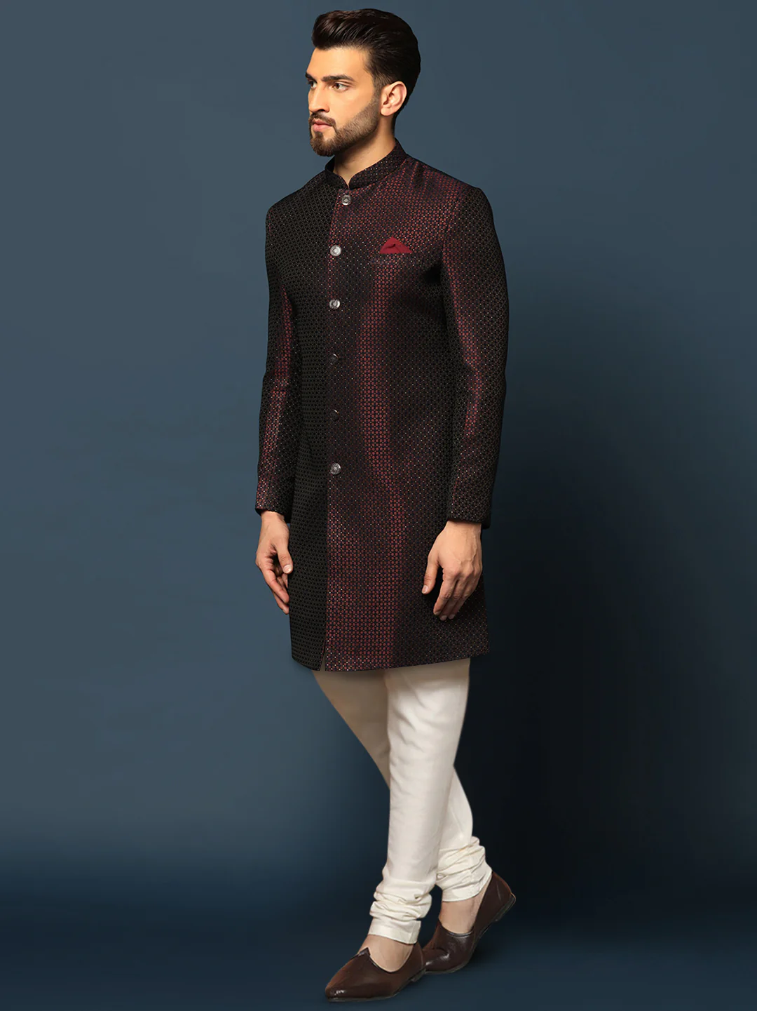Maroon Black Textured Sherwani Churidar Set - Image 2