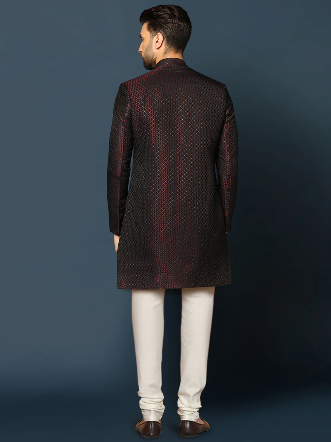 Maroon Black Textured Sherwani Churidar Set - Image 4
