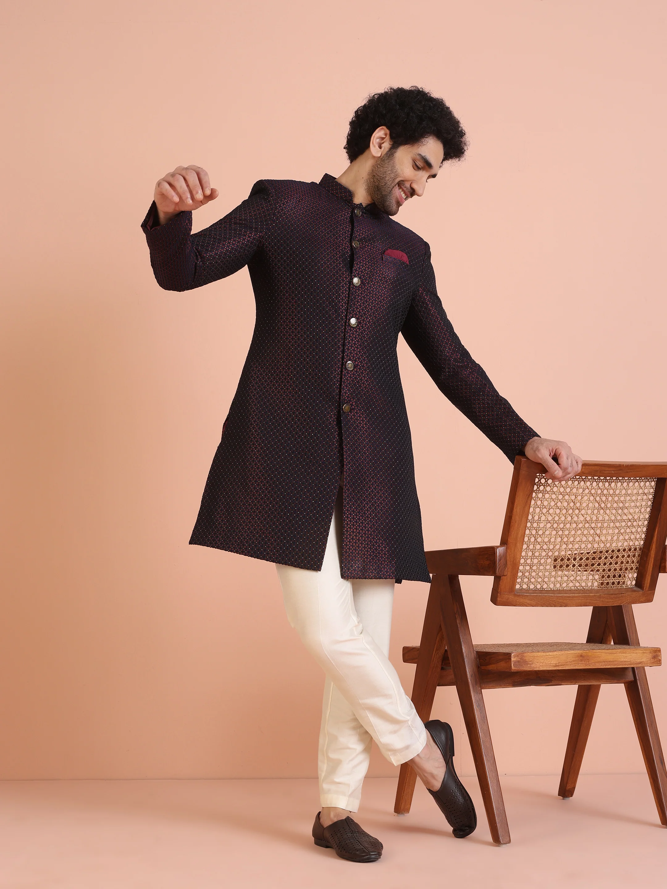 Maroon Black Textured Sherwani Trouser Set