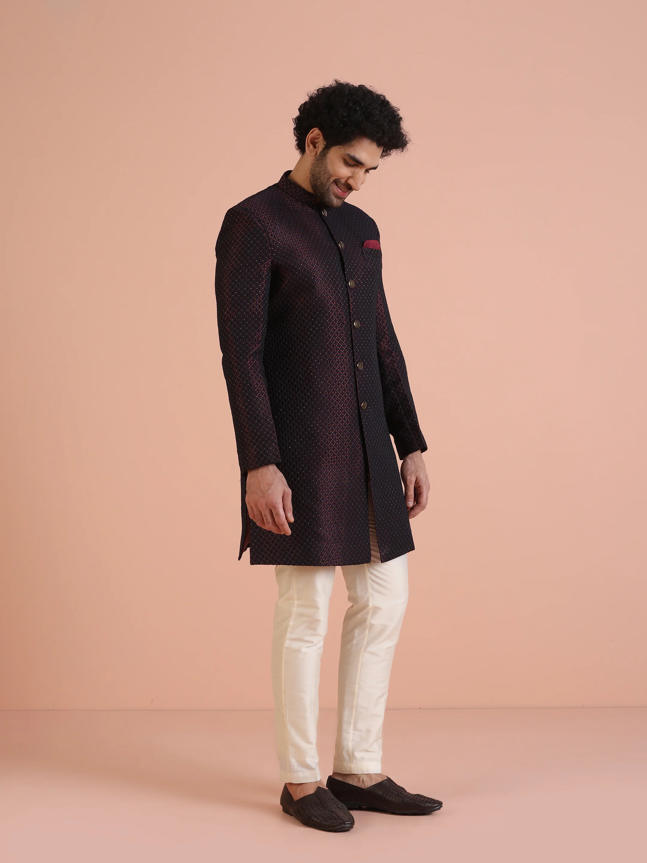 Maroon Black Textured Sherwani Trouser Set - Image 3